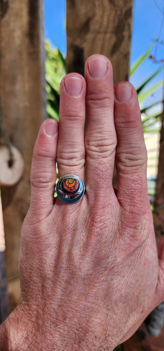 Peruvian " Sunrise/Waves" adjustable ring - 950 Silver and Gemstones/shell Mosaic inlay.