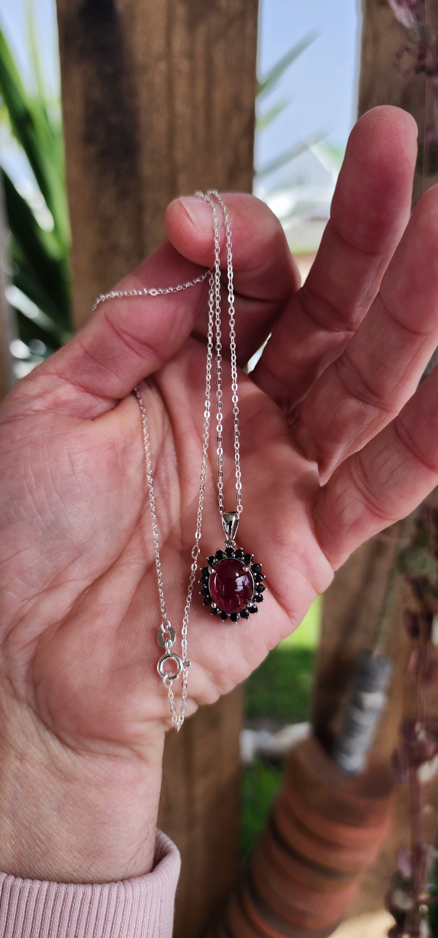 Truely special Sterling Silver ,Red Rubellite and Black Spinel Gemstones pendant on Sterling Silver chain.