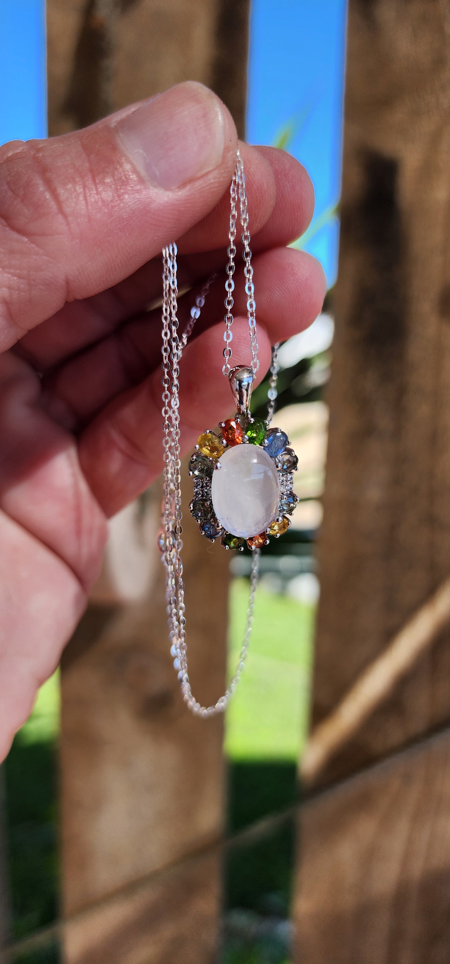 Absolutely Marvelous Sterling Silver,Moonstones and multicolor/rainbow Natural Sapphire Gemstones pendant on Sterling chain.(Matching earrings sold separately).