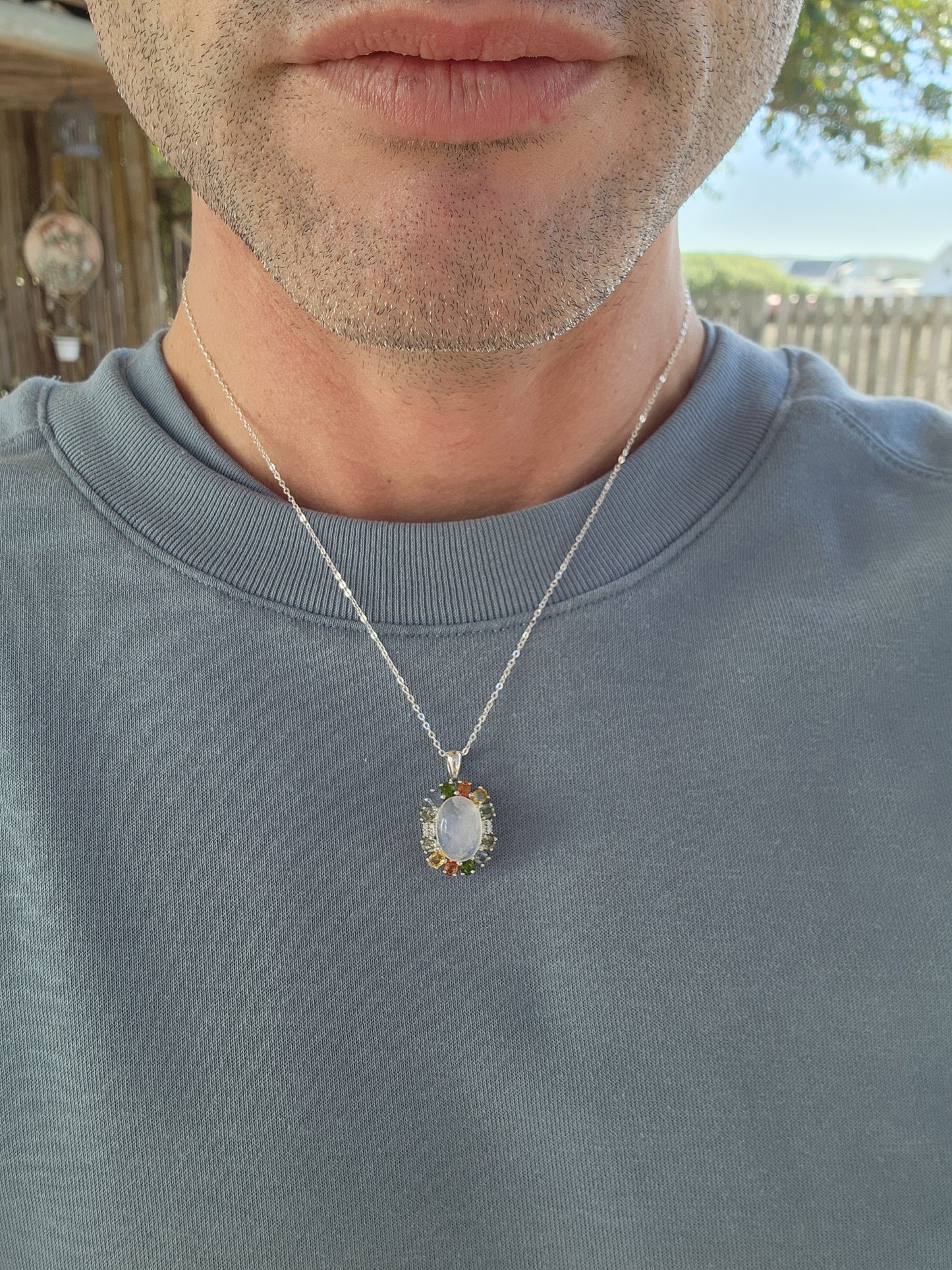 Absolutely Marvelous Sterling Silver,Moonstones and multicolor/rainbow Natural Sapphire Gemstones pendant on Sterling chain.(Matching earrings sold separately).