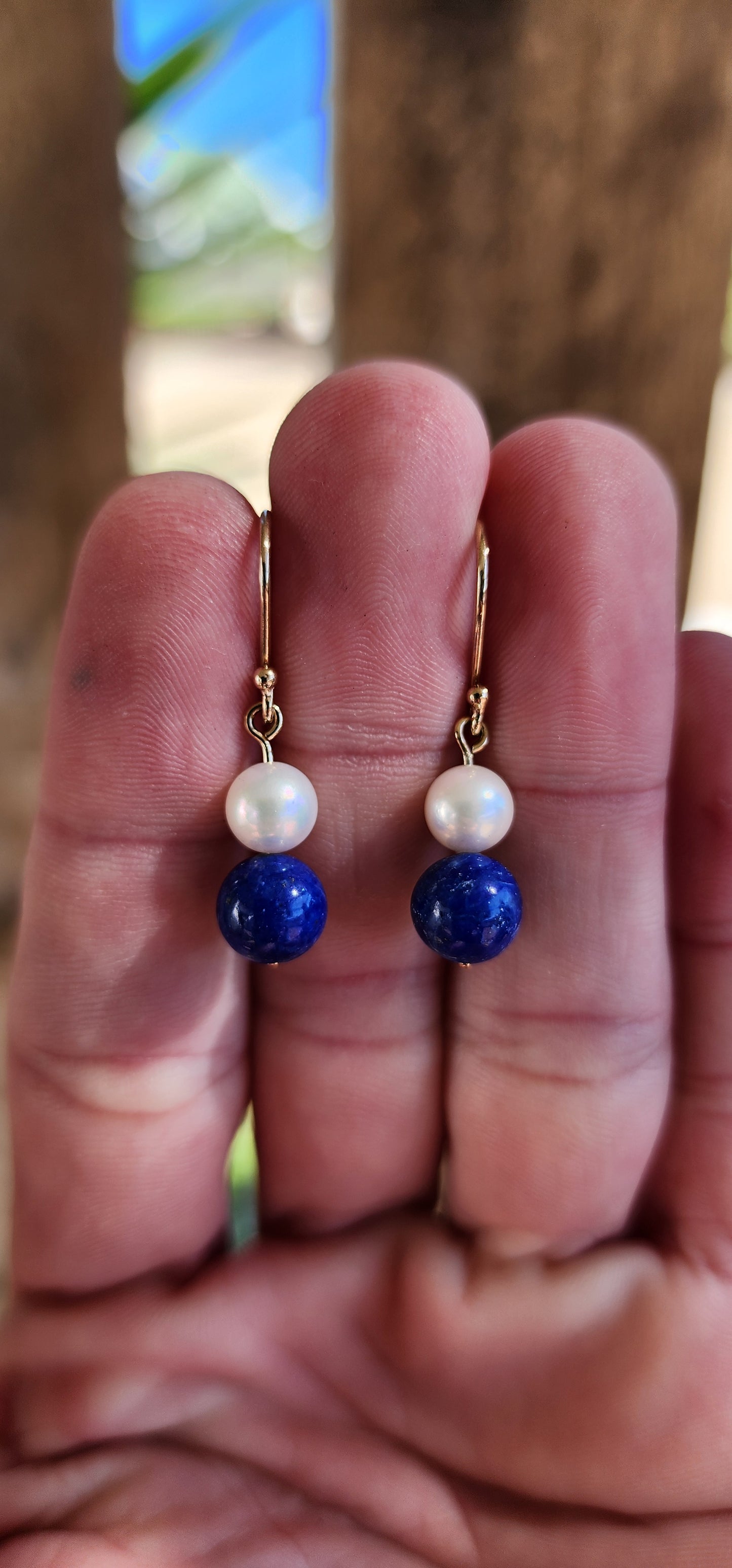 Pretty pair of 9ct Yellow Gold Shepherds hook earrings with Marine Cultured Pearls and Lapis Lazuli Gemstone drops.