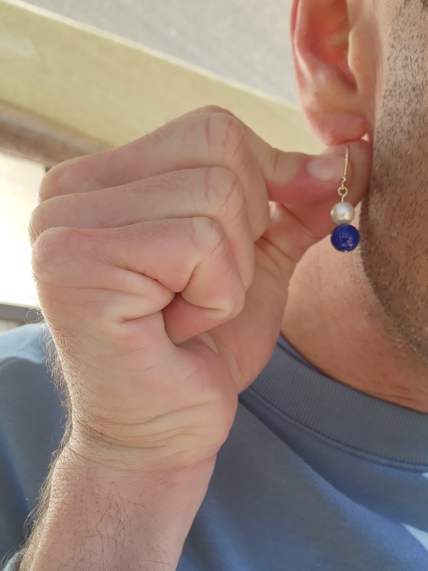 Pretty pair of 9ct Yellow Gold Shepherds hook earrings with Marine Cultured Pearls and Lapis Lazuli Gemstone drops.