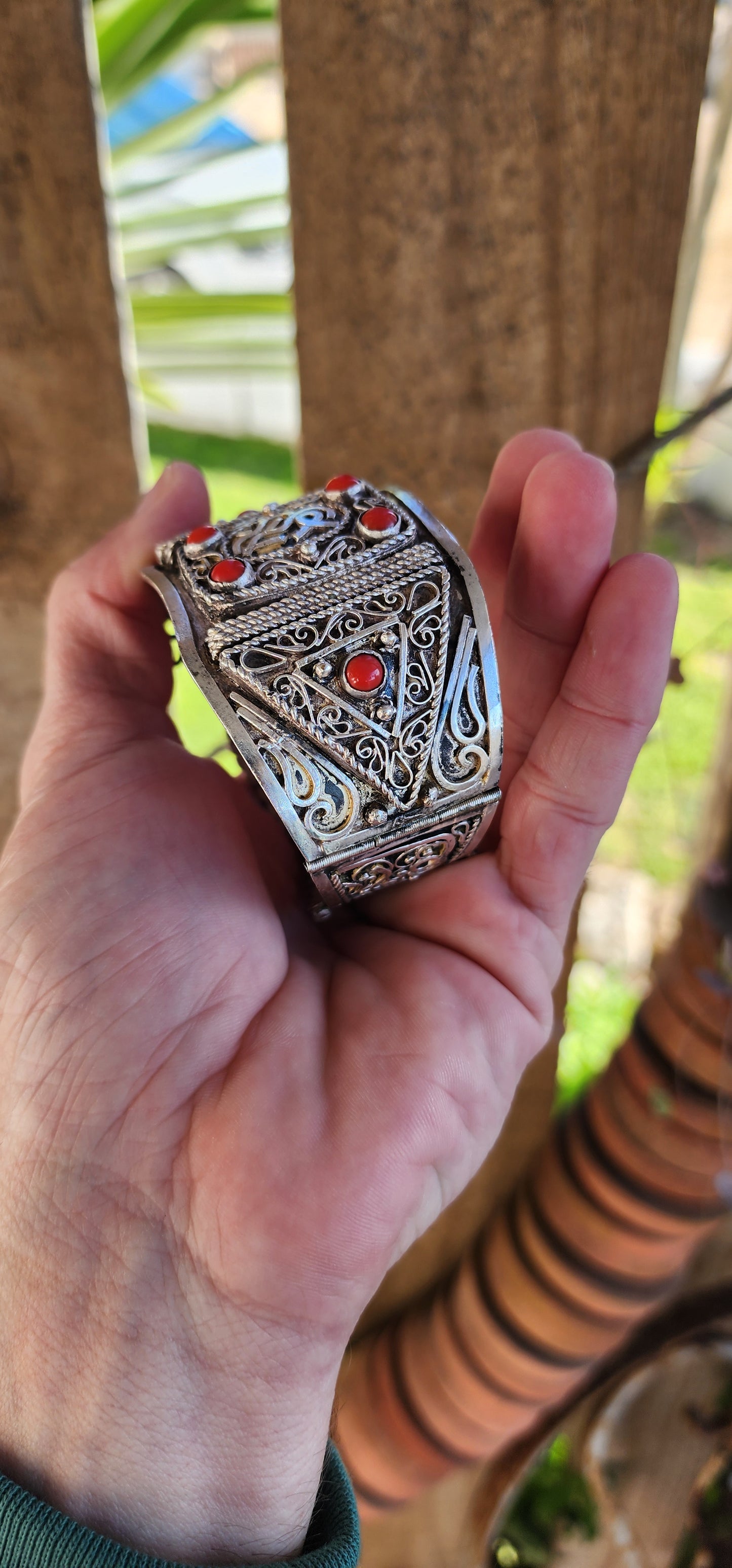 Antique Sterling Silver Ethnic/Tribal Middle Eastern "Berber" bracelet with richly chiseled decorations and Calligraphy , set with 6x Red Coral Cabochons .