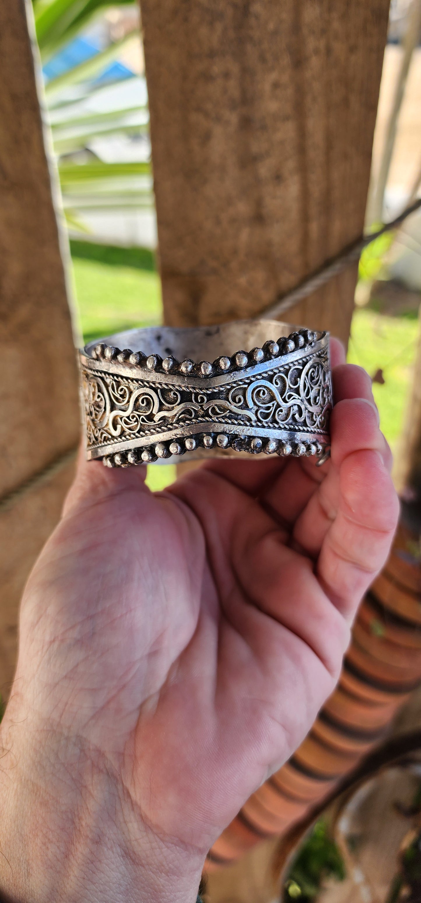 Antique Sterling Silver Ethnic/Tribal Middle Eastern "Berber" bracelet with richly chiseled decorations and Calligraphy , set with 6x Red Coral Cabochons .