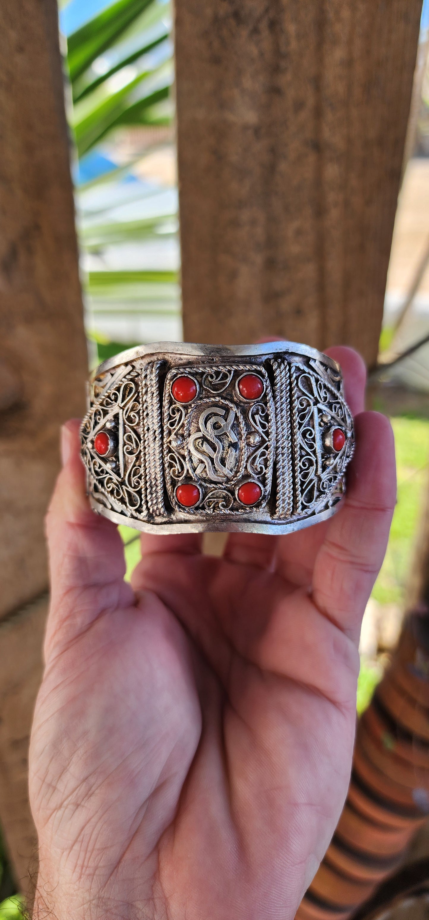 Antique Sterling Silver Ethnic/Tribal Middle Eastern "Berber" bracelet with richly chiseled decorations and Calligraphy , set with 6x Red Coral Cabochons .