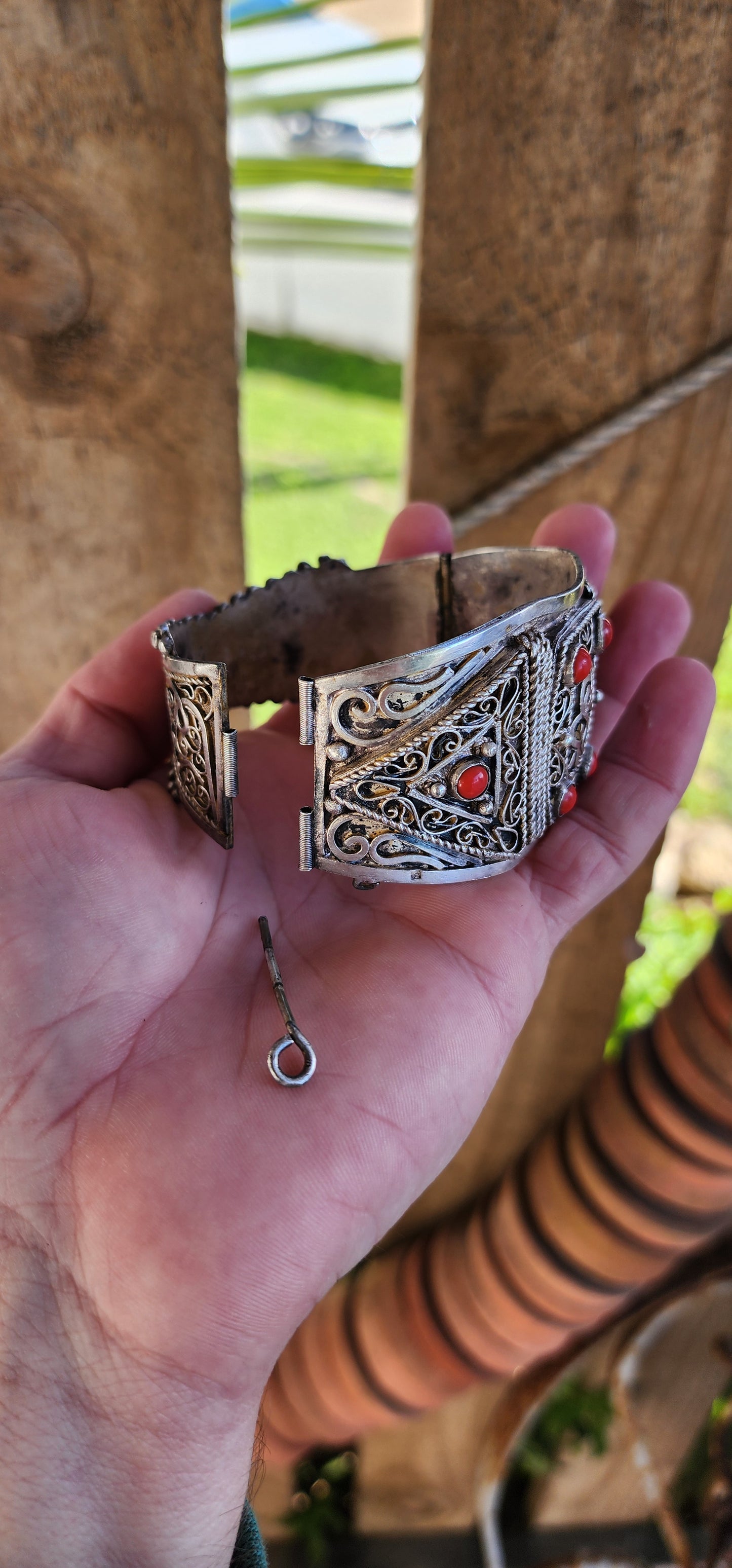 Antique Sterling Silver Ethnic/Tribal Middle Eastern "Berber" bracelet with richly chiseled decorations and Calligraphy , set with 6x Red Coral Cabochons .