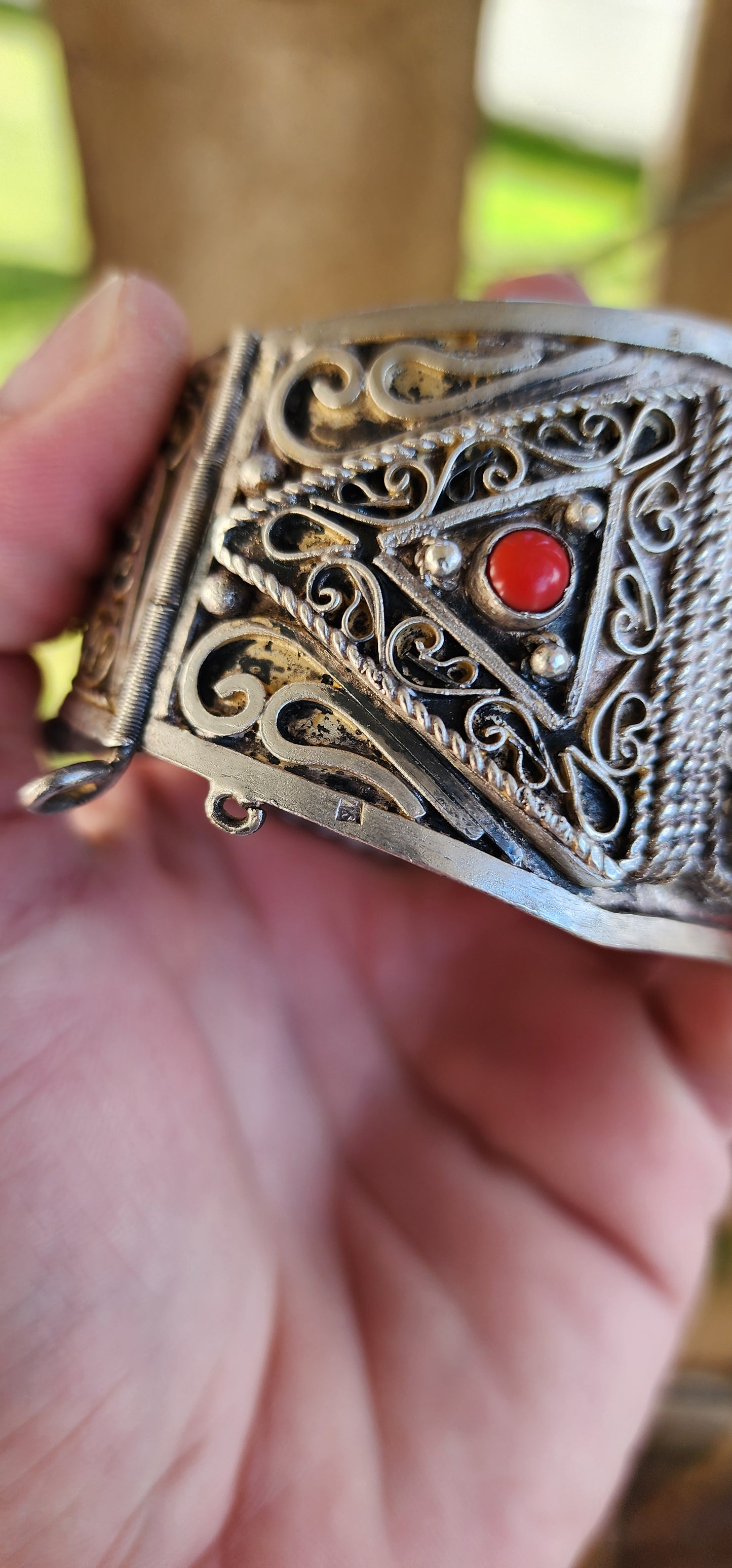 Antique Sterling Silver Ethnic/Tribal Middle Eastern "Berber" bracelet with richly chiseled decorations and Calligraphy , set with 6x Red Coral Cabochons .