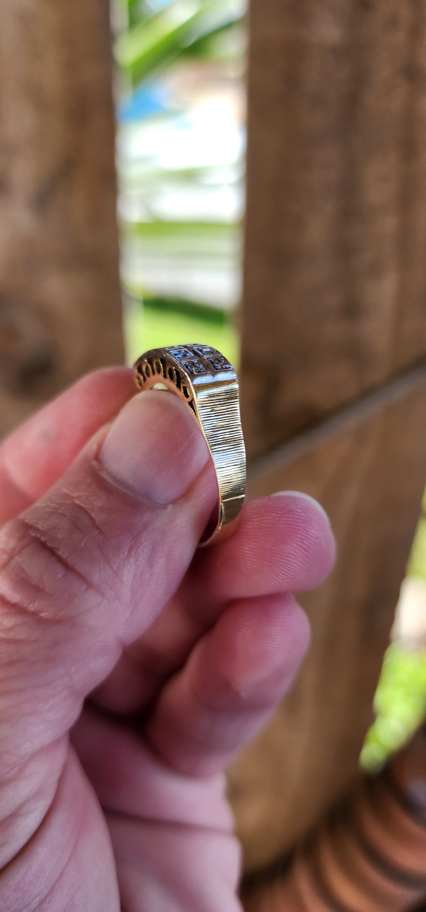 Impressive Vintage Deco style 18ct Yellow Gold and Diamond double row Eternity ring featuring 10x small well matched Brilliant Round Cut Diamonds which are very sparkly and set in two parallel rows in Square set bezel mounts.