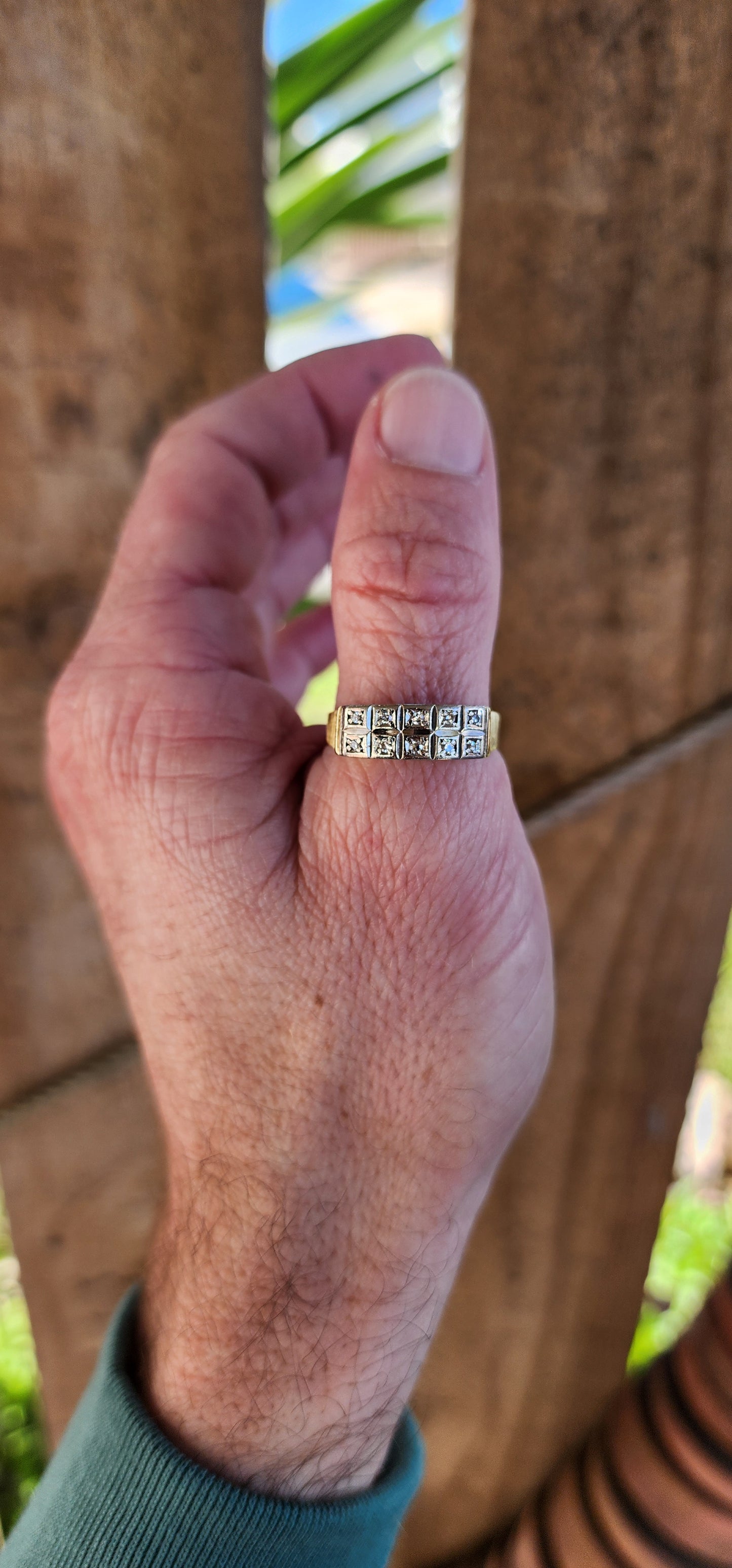 Impressive Vintage Deco style 18ct Yellow Gold and Diamond double row Eternity ring featuring 10x small well matched Brilliant Round Cut Diamonds which are very sparkly and set in two parallel rows in Square set bezel mounts.