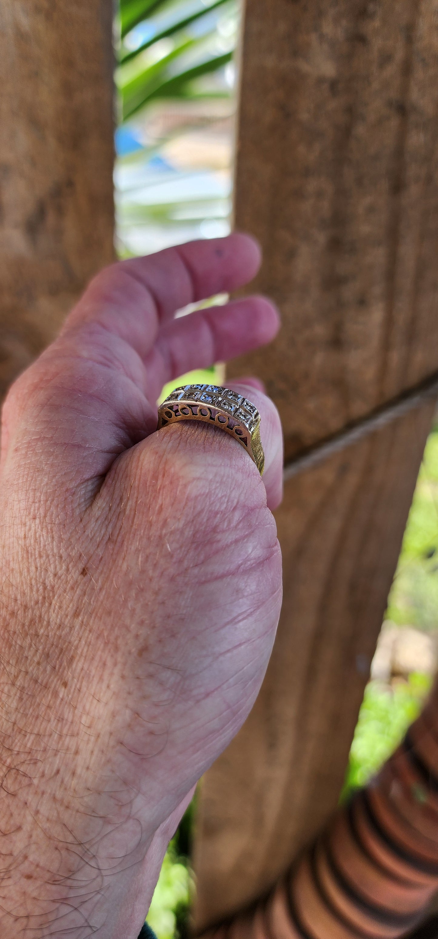 Impressive Vintage Deco style 18ct Yellow Gold and Diamond double row Eternity ring featuring 10x small well matched Brilliant Round Cut Diamonds which are very sparkly and set in two parallel rows in Square set bezel mounts.