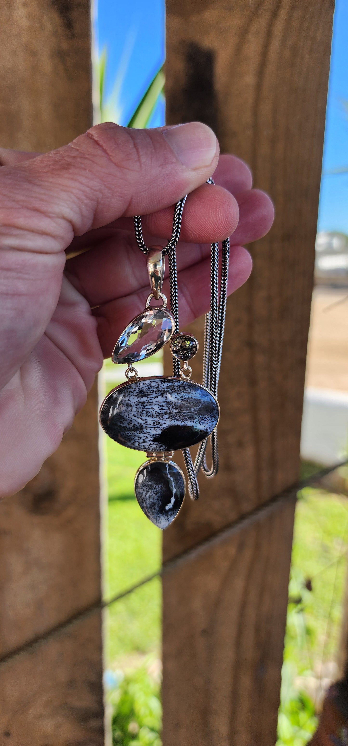 Large size Sterling Silver statement pendant - Bezel/Tube Set with Dentric Agate Cabochons in Oval and Pear cut , a Rose Faceted Pear Cut Clear Quartz Gemstone and a lovely small Round Rutilated Quartz Cabochon.