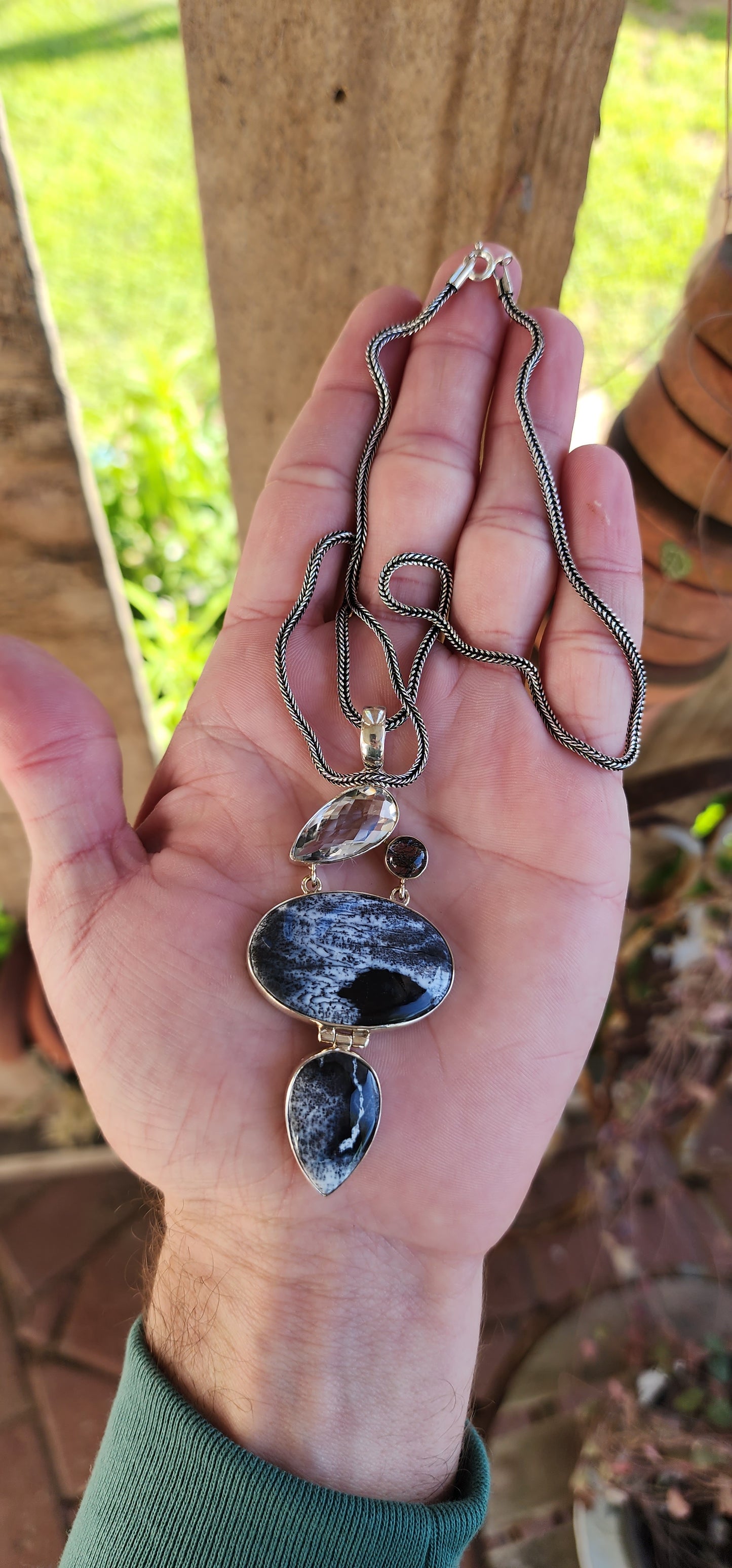 Large size Sterling Silver statement pendant - Bezel/Tube Set with Dentric Agate Cabochons in Oval and Pear cut , a Rose Faceted Pear Cut Clear Quartz Gemstone and a lovely small Round Rutilated Quartz Cabochon.