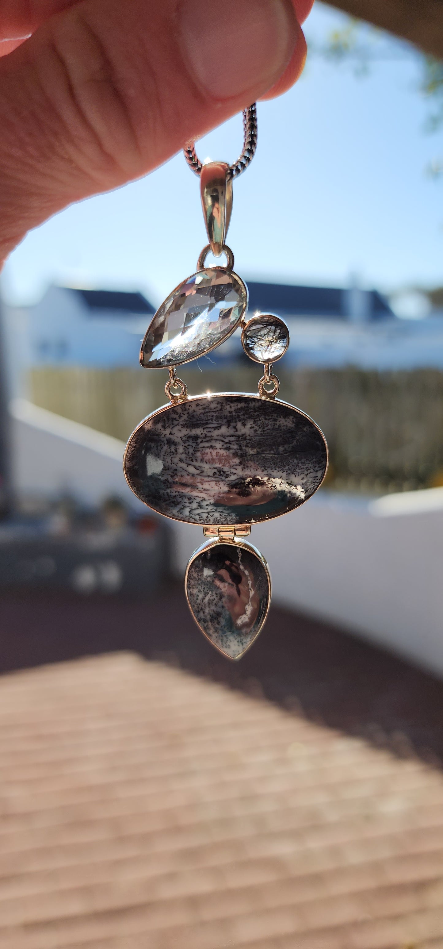 Large size Sterling Silver statement pendant - Bezel/Tube Set with Dentric Agate Cabochons in Oval and Pear cut , a Rose Faceted Pear Cut Clear Quartz Gemstone and a lovely small Round Rutilated Quartz Cabochon.