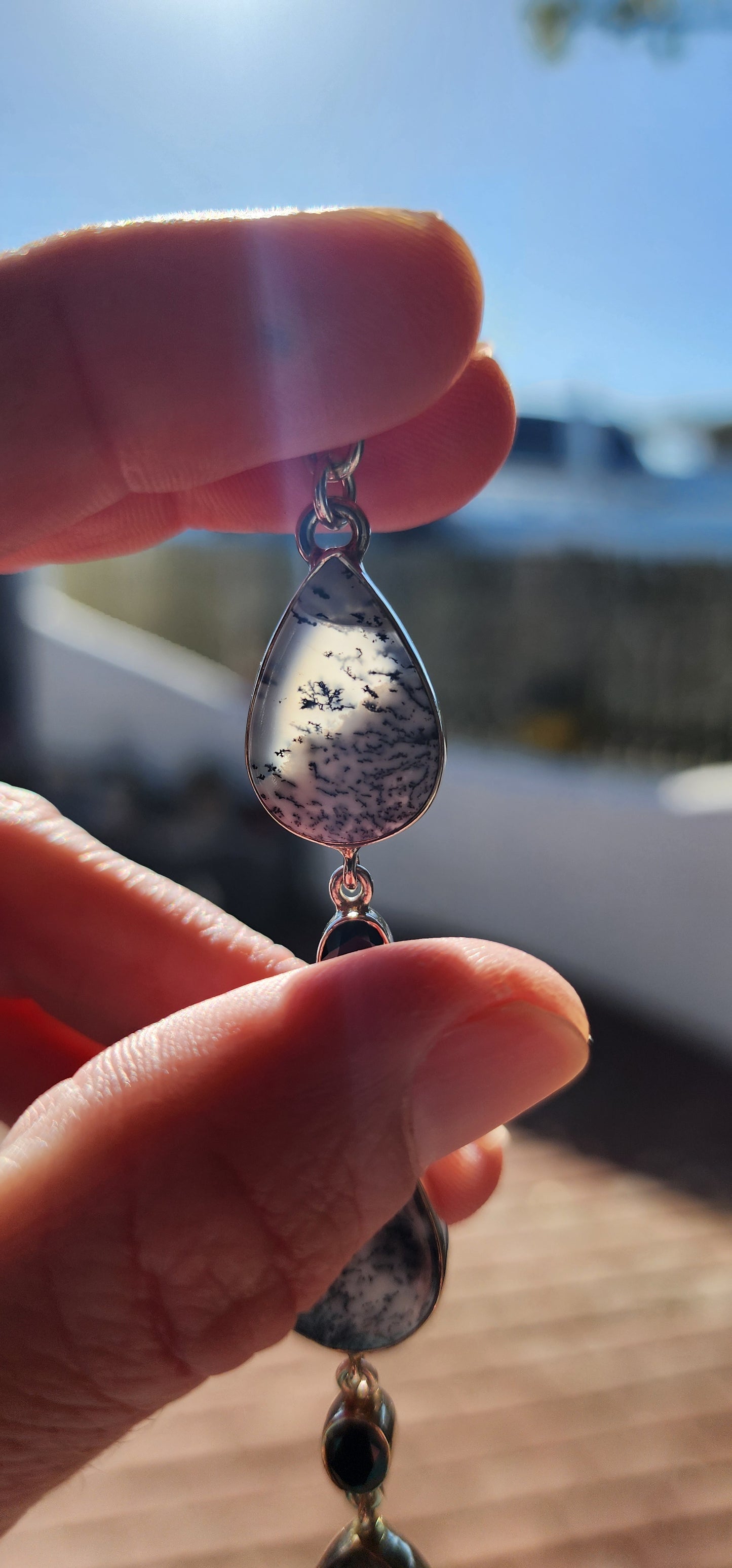 Attractive Sterling Silver dress bracelet - Bezel/Tube set with 4x beautiful Pear Cut Dendritic Agate Cabochons and 3x Black Oval Cut Onyx Gemstones.