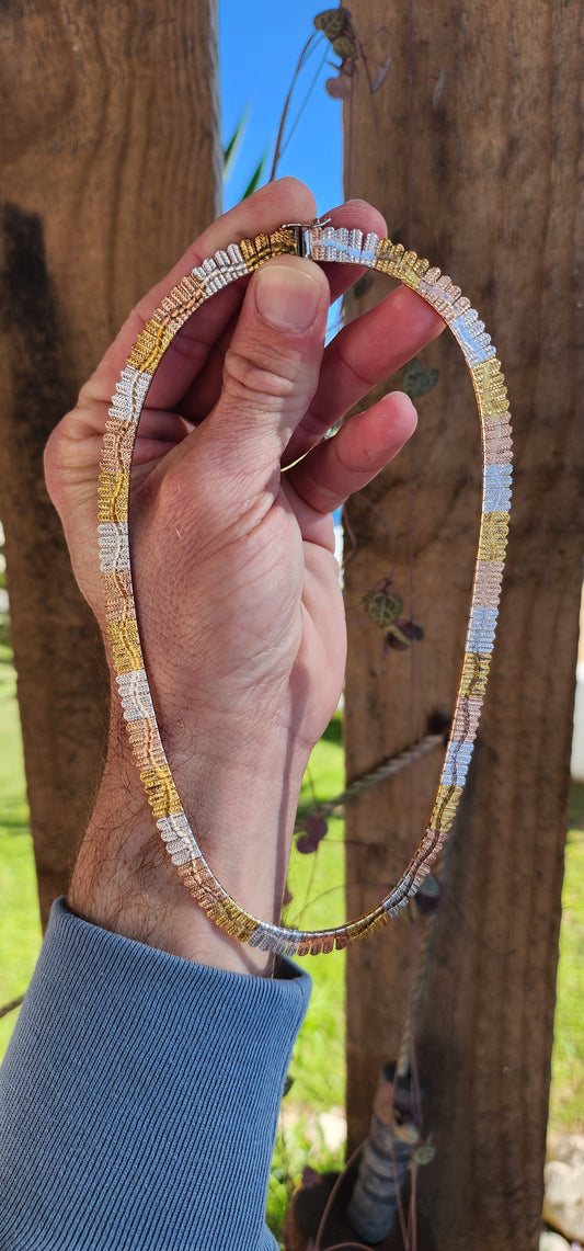 Elegant Vintage Italian made Tri-color Sterling Silver Cleopatra Collar necklace with Rose and Yellow Gold plating.