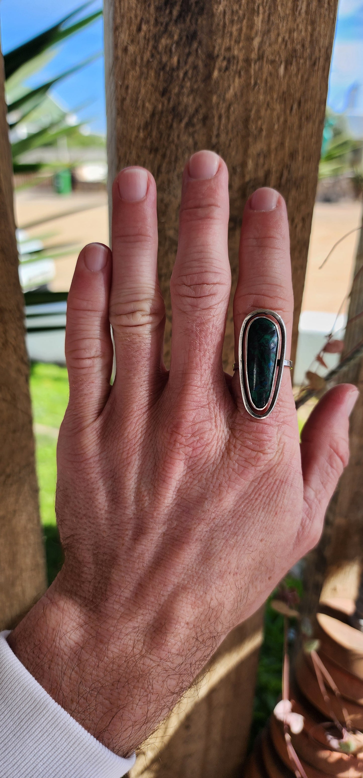 Sought after beauty.This is an absolutely beautiful Vintage Modernist Sterling Silver and Eilat Cabochon ring.