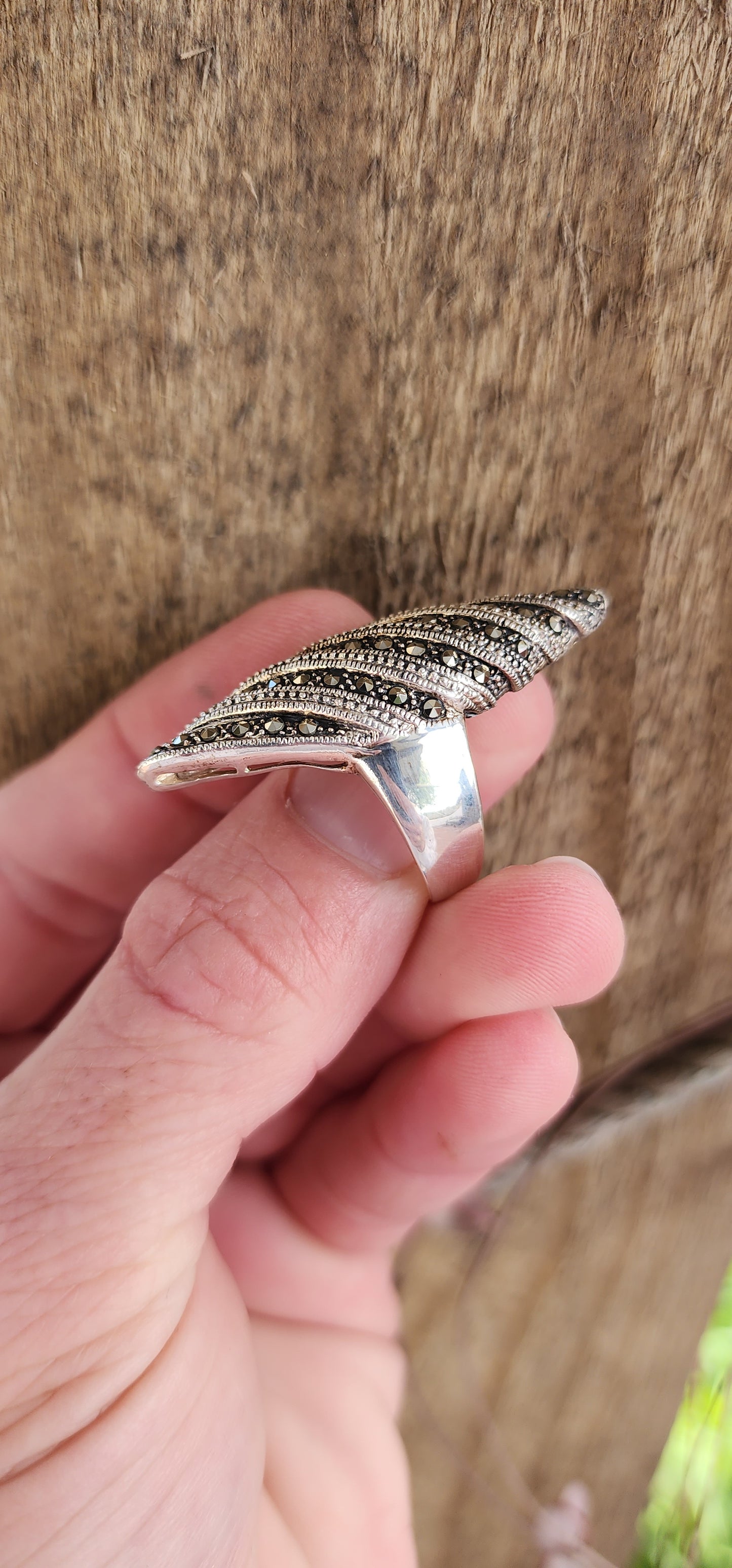 Marvelous and very chunky/heavy Sterling Silver Cocktail/Dress statement ring featuring an Vintage Art Deco style Marquise shape.