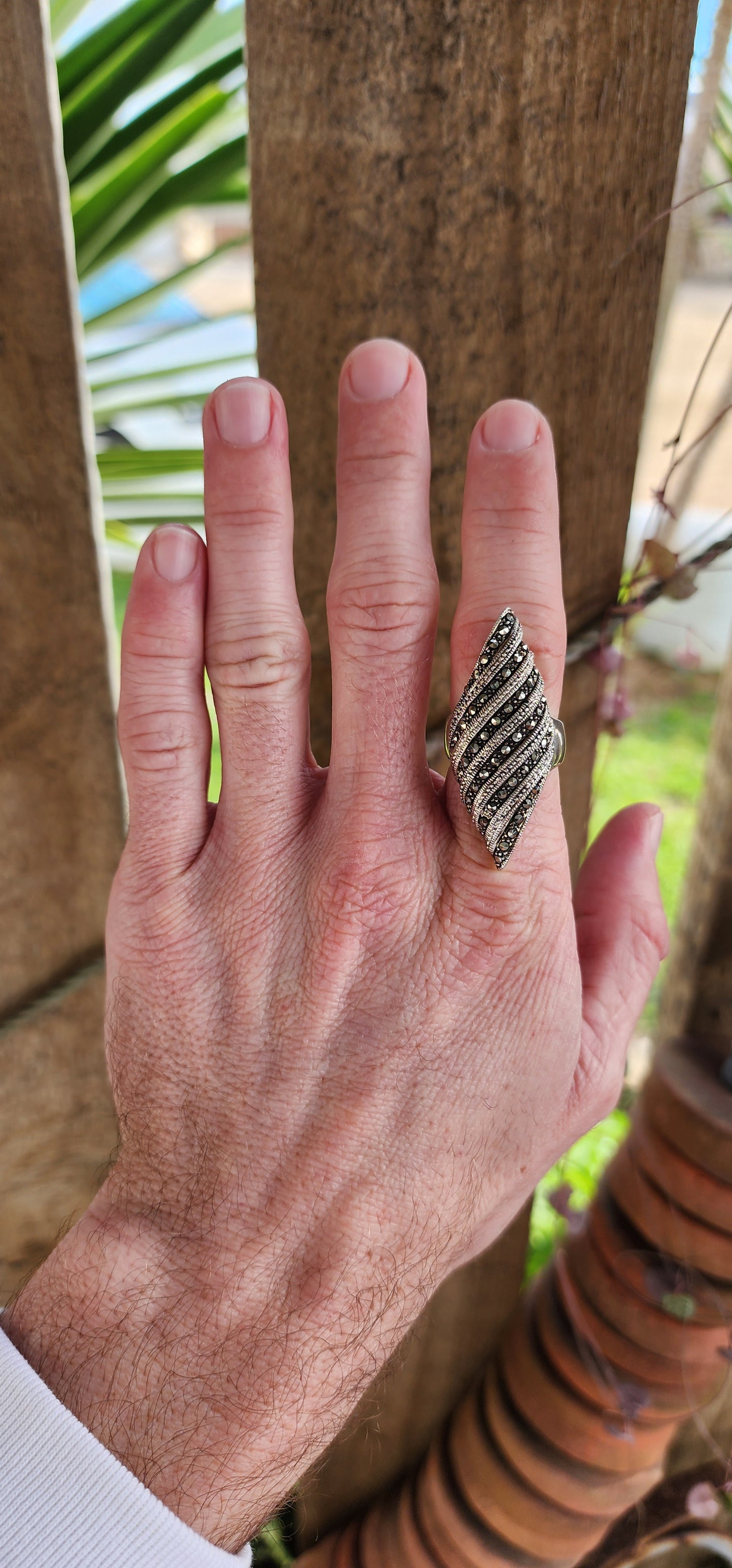 Marvelous and very chunky/heavy Sterling Silver Cocktail/Dress statement ring featuring an Vintage Art Deco style Marquise shape.