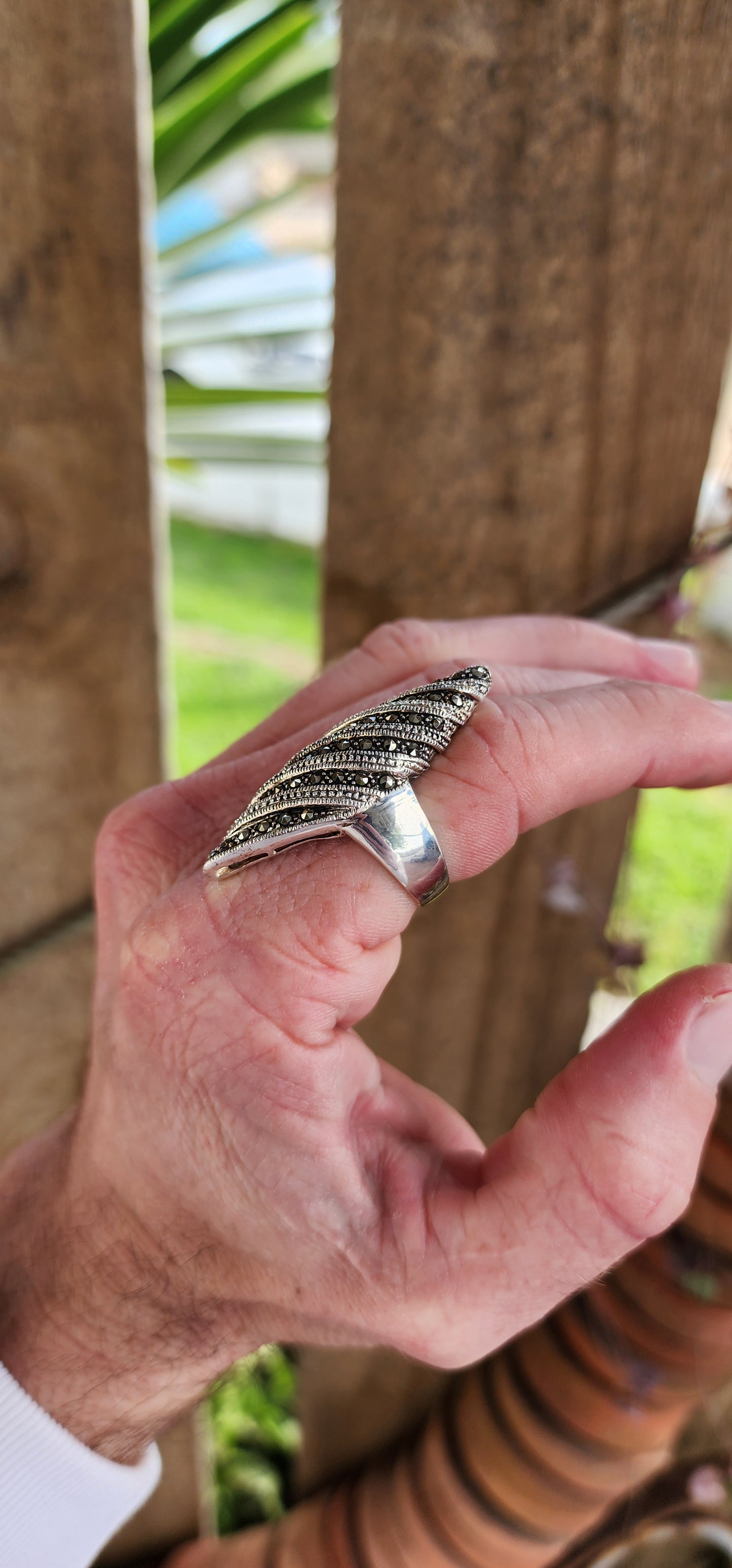 Marvelous and very chunky/heavy Sterling Silver Cocktail/Dress statement ring featuring an Vintage Art Deco style Marquise shape.