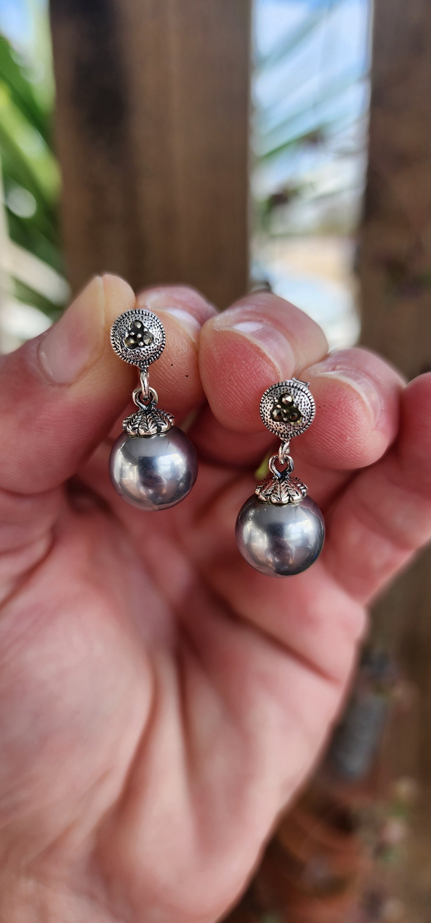 Pretty pair of Sterling Silver push-in drop earrings - Each set with Grey Faux Pearl dangles and sparkly Marcasite accents.