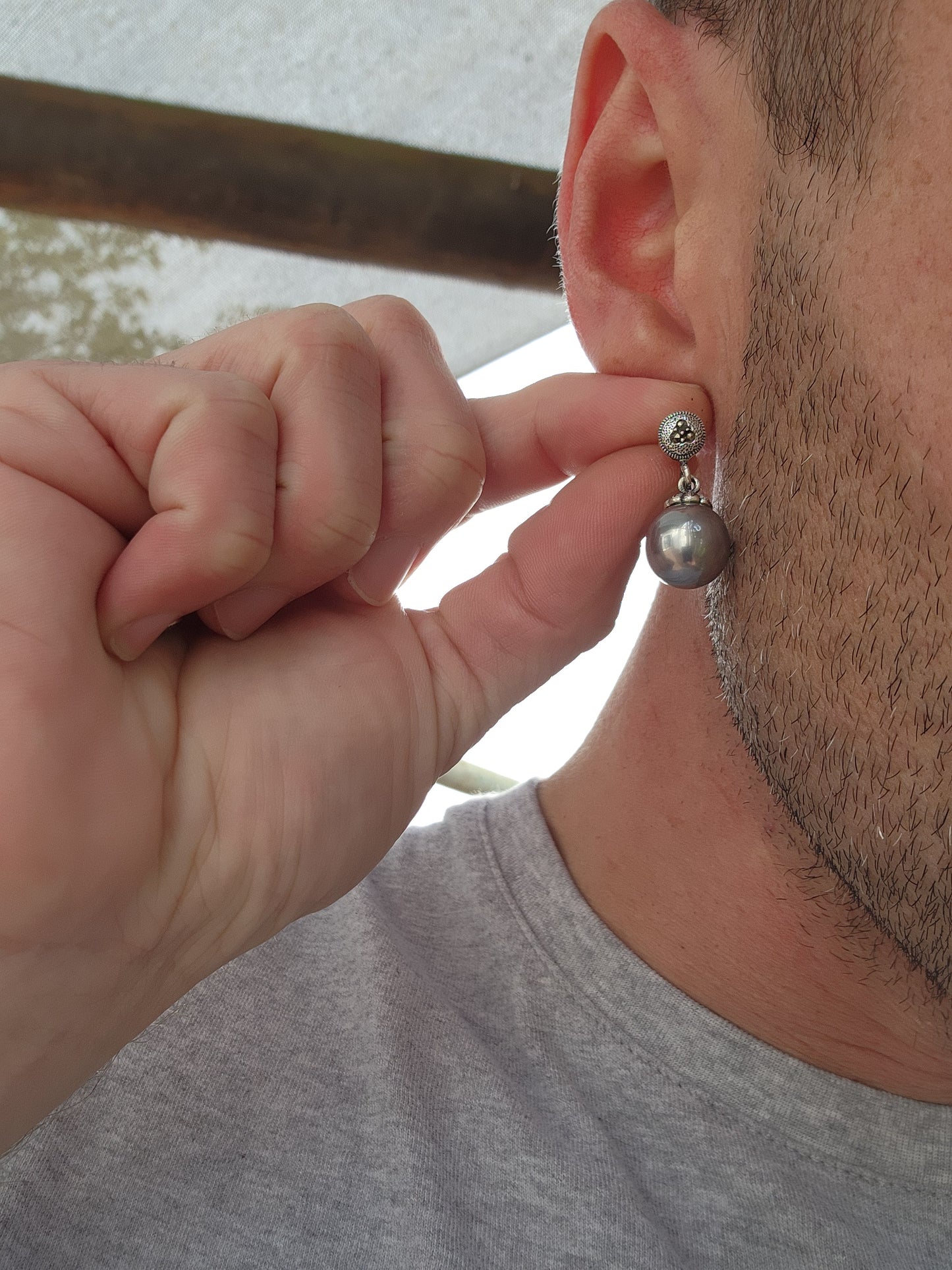 Pretty pair of Sterling Silver push-in drop earrings - Each set with Grey Faux Pearl dangles and sparkly Marcasite accents.