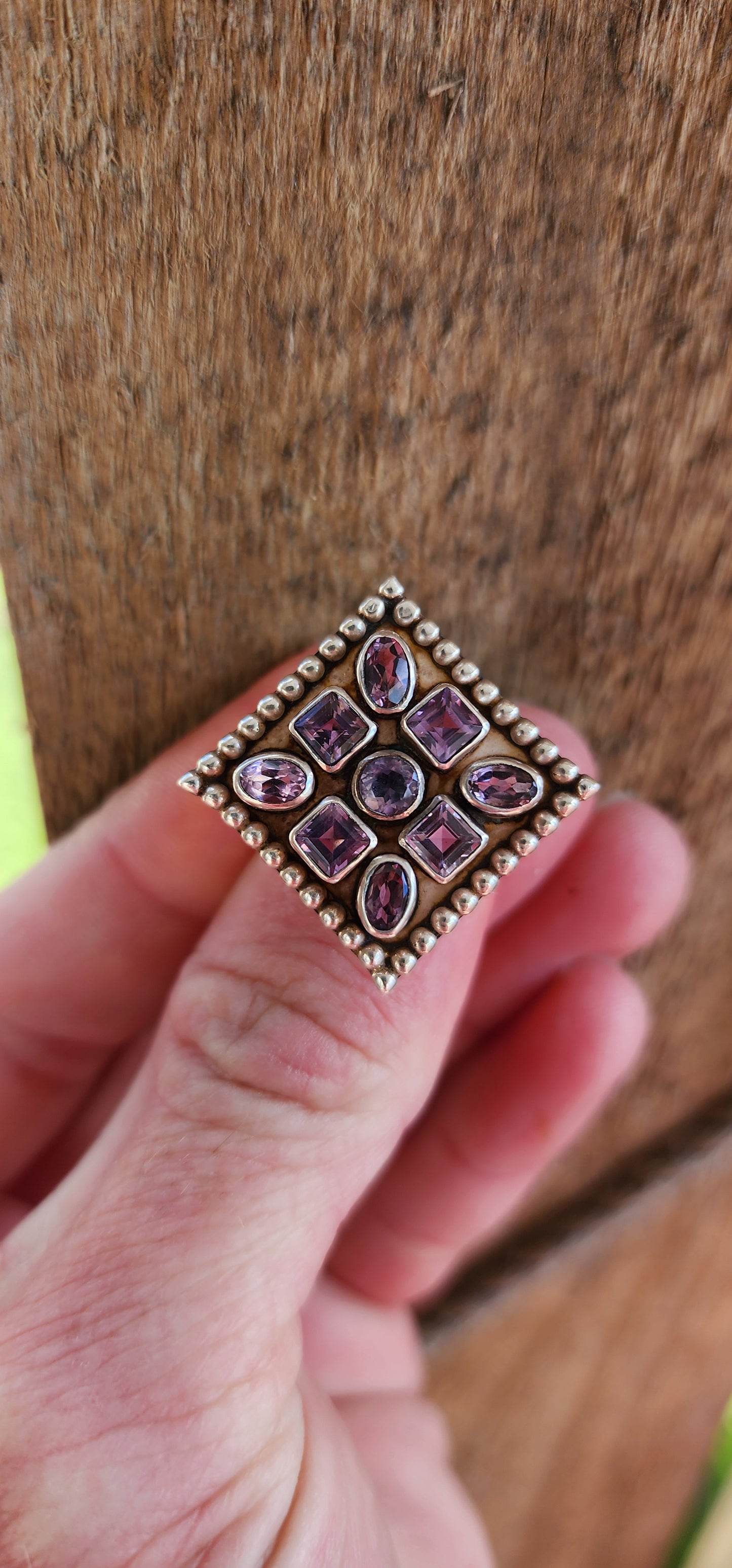 Gorgeous and chunky Sterling Silver Bohemian statement cluster ring - Bezel/tube set with Oval and Square cut Amethyst Gemstones.