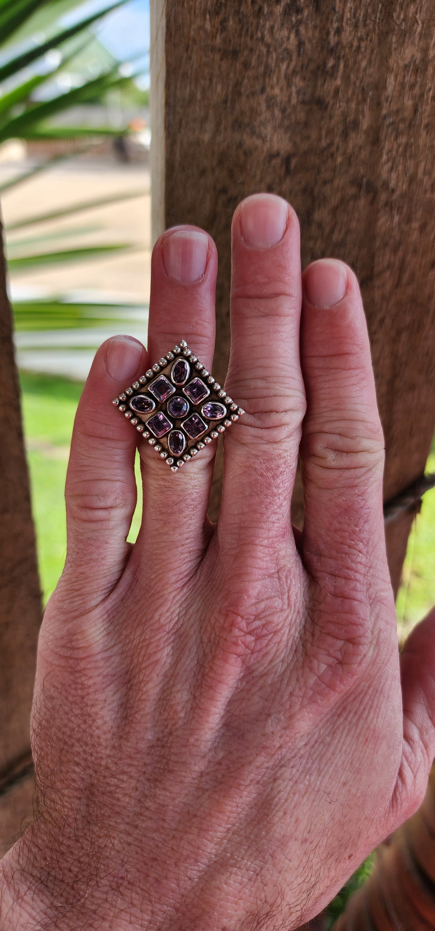 Gorgeous and chunky Sterling Silver Bohemian statement cluster ring - Bezel/tube set with Oval and Square cut Amethyst Gemstones.