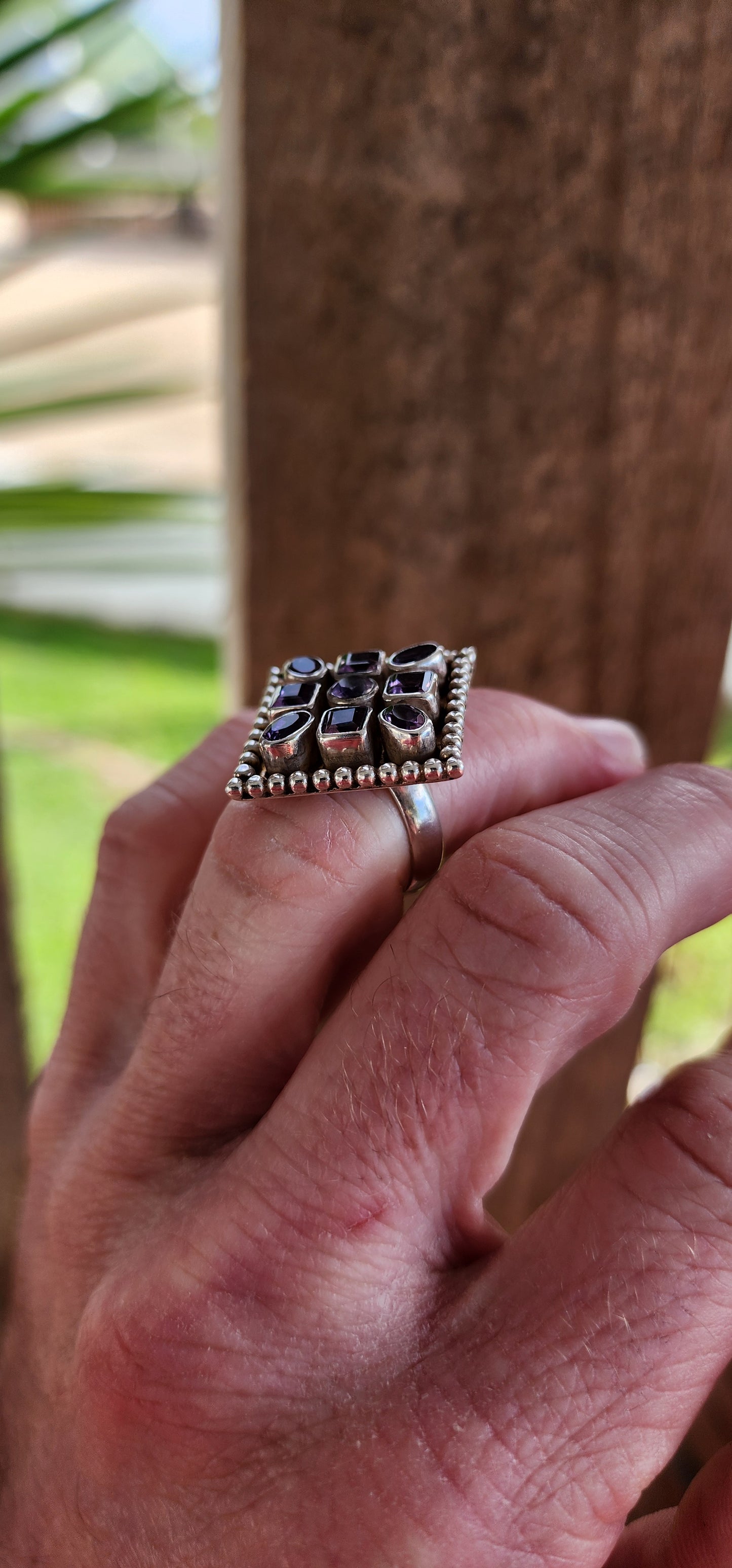 Gorgeous and chunky Sterling Silver Bohemian statement cluster ring - Bezel/tube set with Oval and Square cut Amethyst Gemstones.