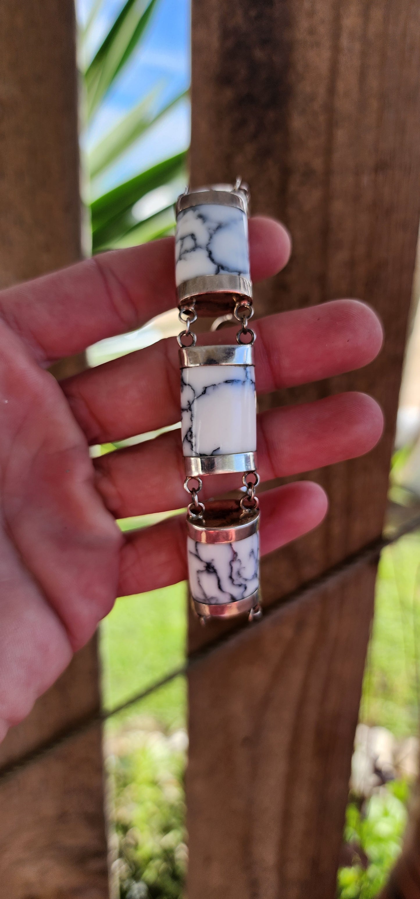 Chunky and extra length Sterling Silver and White Magnesite Gemstone with Black Matrix Panel bracelet - I just love the Black veins/matrix in the Magnesite.Fitted with an toggle clasp.