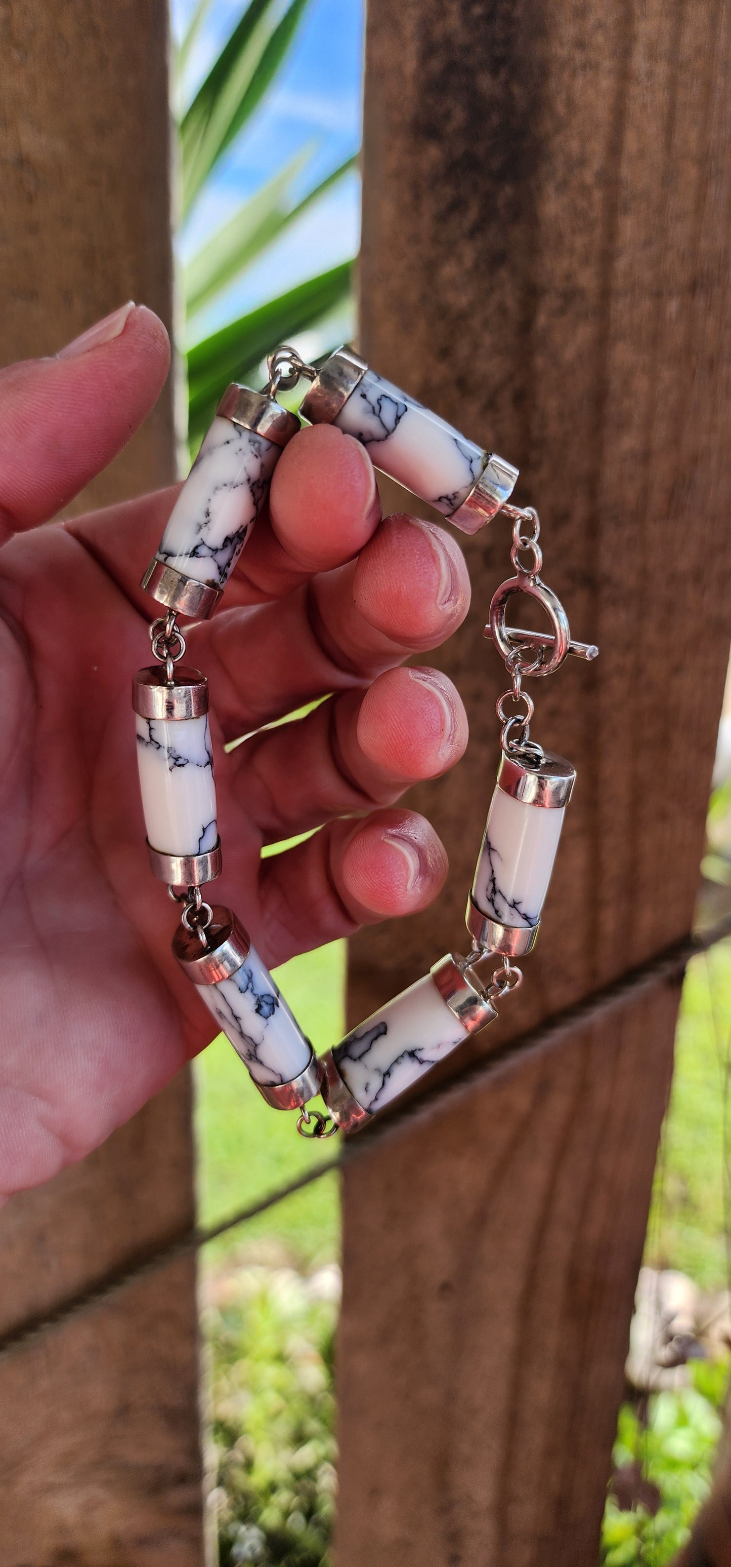 Chunky and extra length Sterling Silver and White Magnesite Gemstone with Black Matrix Panel bracelet - I just love the Black veins/matrix in the Magnesite.Fitted with an toggle clasp.