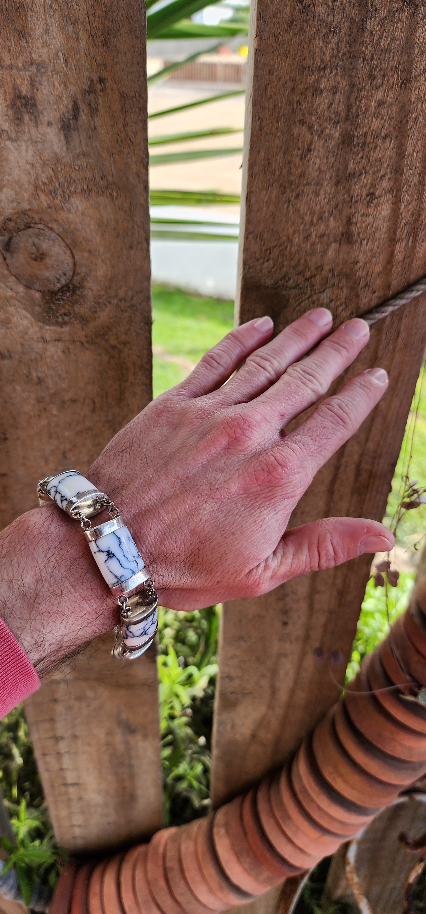 Chunky and extra length Sterling Silver and White Magnesite Gemstone with Black Matrix Panel bracelet - I just love the Black veins/matrix in the Magnesite.Fitted with an toggle clasp.