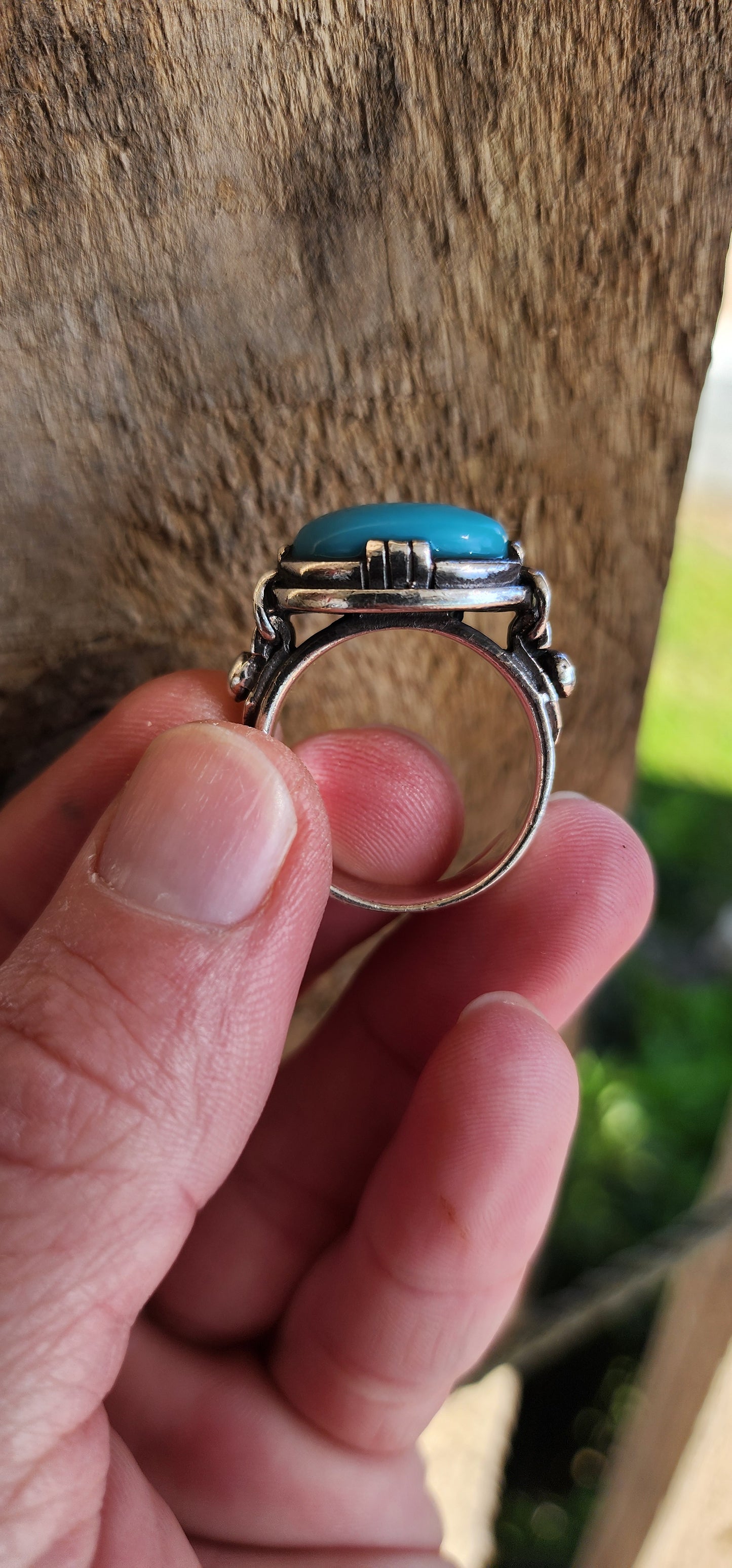 Increbidly beautiful Sterling Silver Artisan made unisex ring , featuring the most beautiful Robins Egg Blue Turquoise Cabochon , claw set in an raised basket with highly ornate shoulders