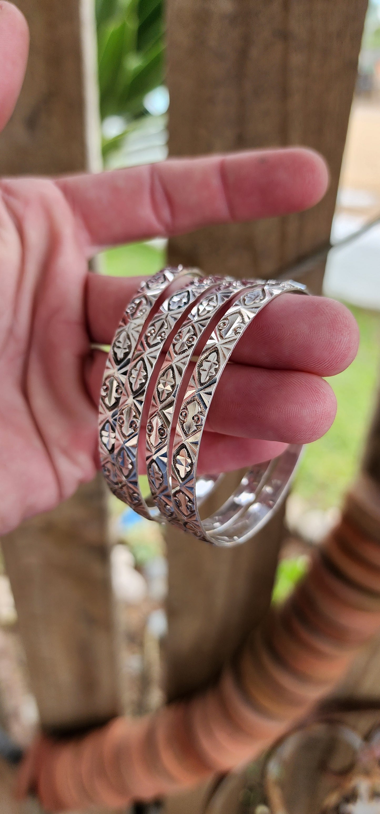 Stunning Sterling Silver Indian Kada (Punjabi Sikha) bangles - The bangles feature beautiful and ornate/ embossed decorations right around.