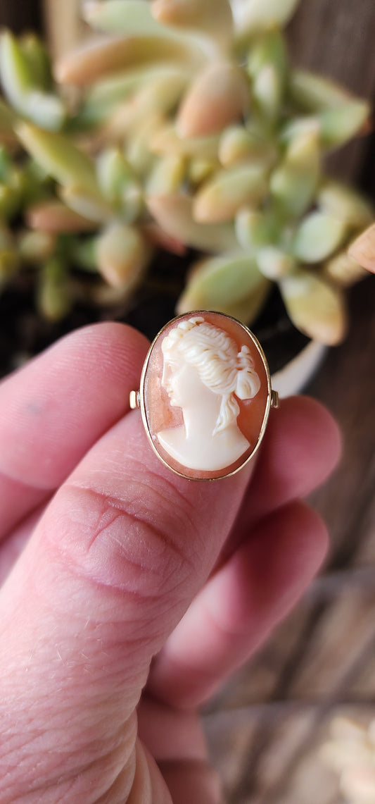 Elegant Vintage 14ct Yellow Gold and carved Conch Shell Cameo ring .