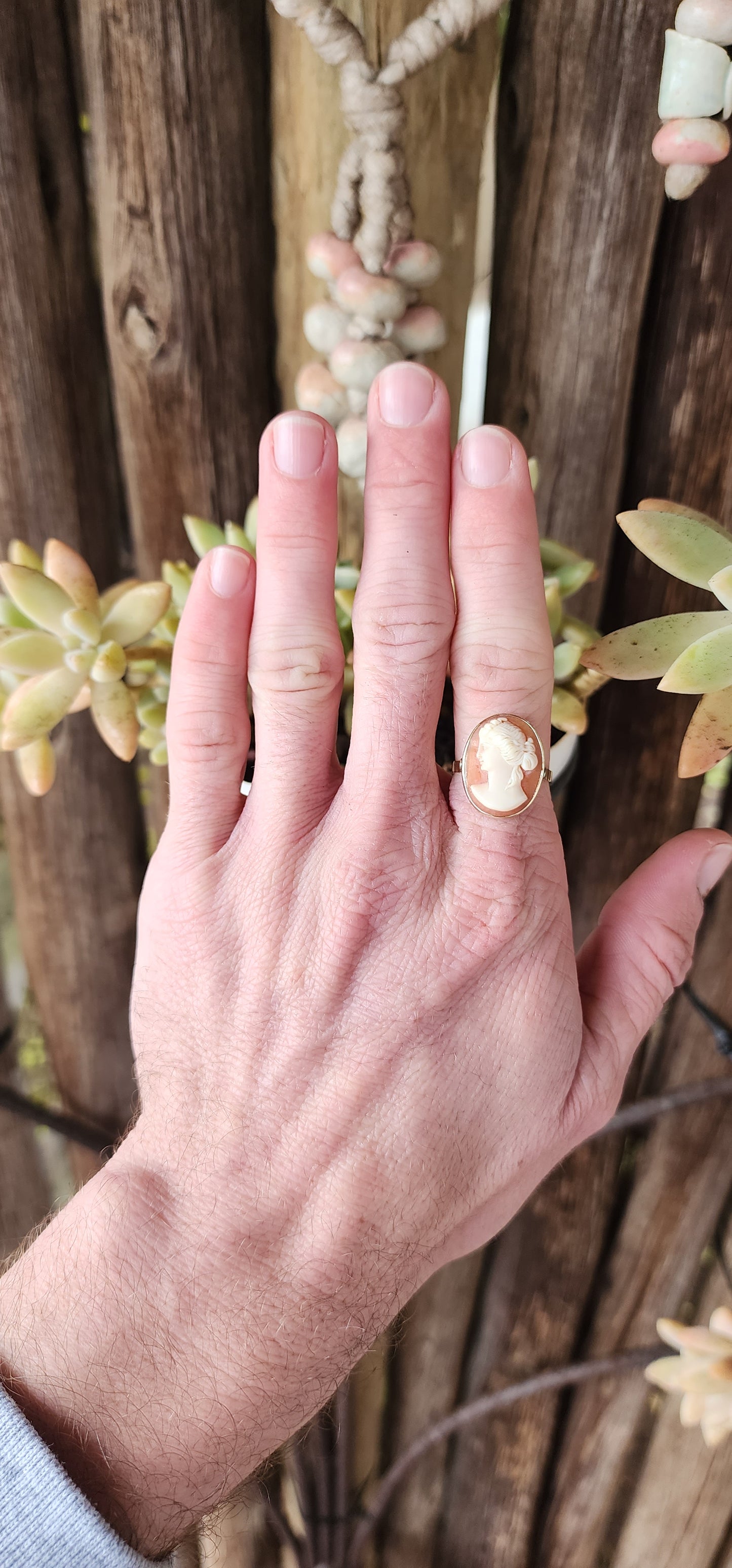 Elegant Vintage 14ct Yellow Gold and carved Conch Shell Cameo ring .