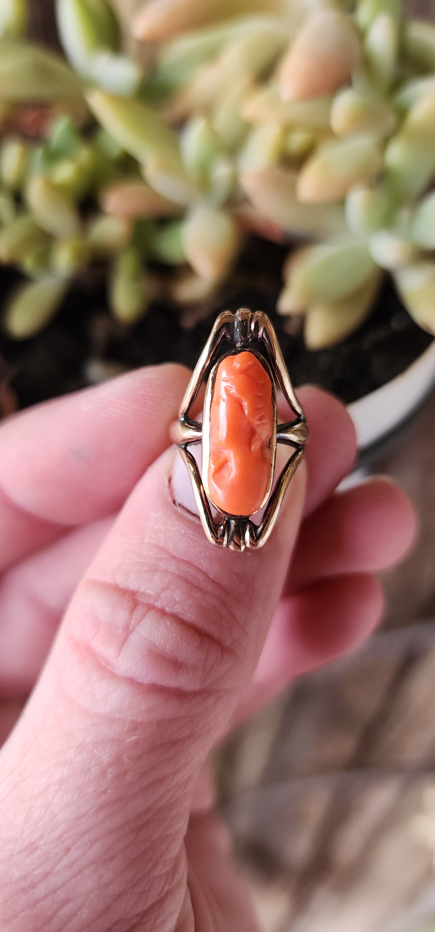 Antique Victorian Art Nouveau 9ct Rose Gold Pinky ring set with an hand carved Natural Red Mediterranean Coral Cameo portrait of an elegant left facing lady.