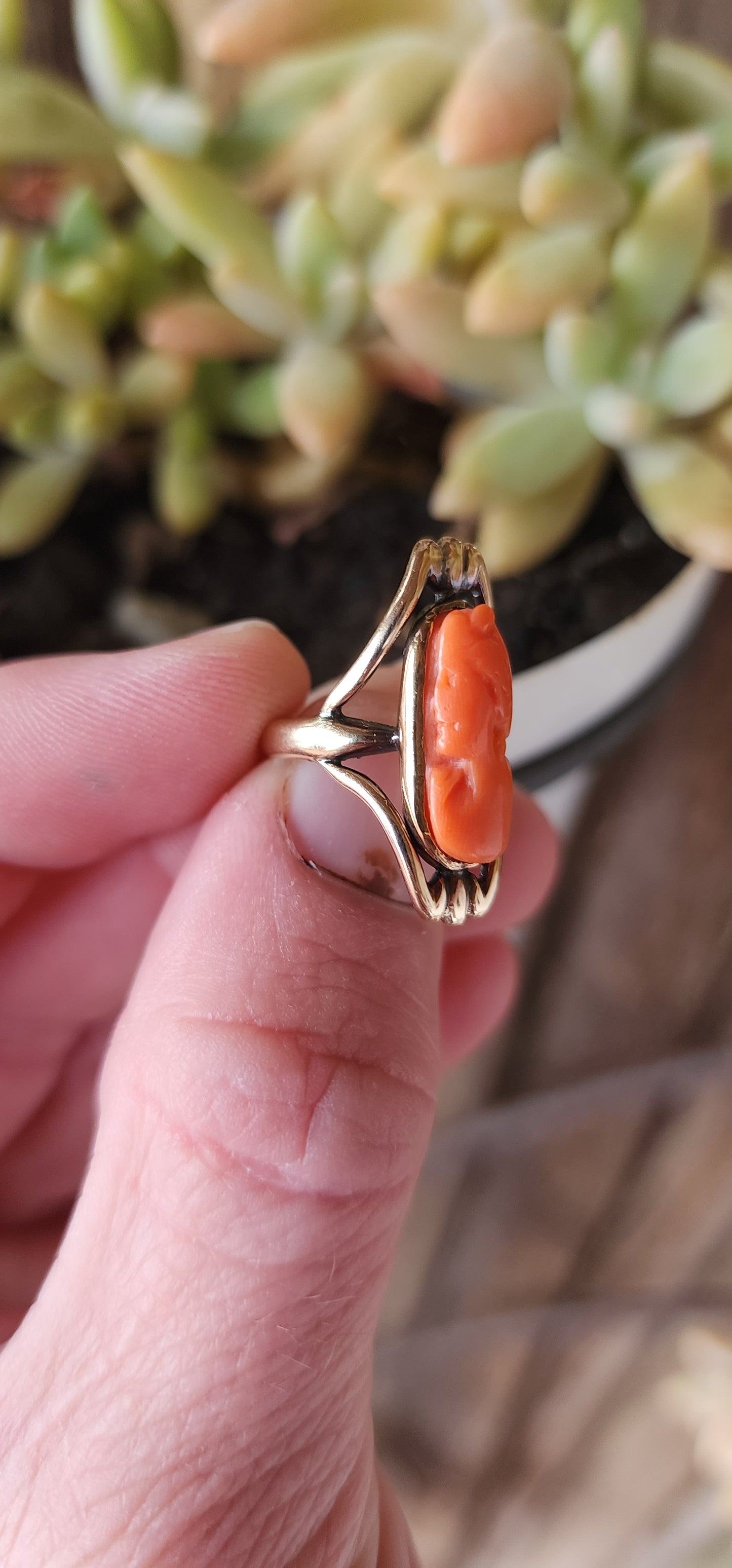 Antique Victorian Art Nouveau 9ct Rose Gold Pinky ring set with an hand carved Natural Red Mediterranean Coral Cameo portrait of an elegant left facing lady.