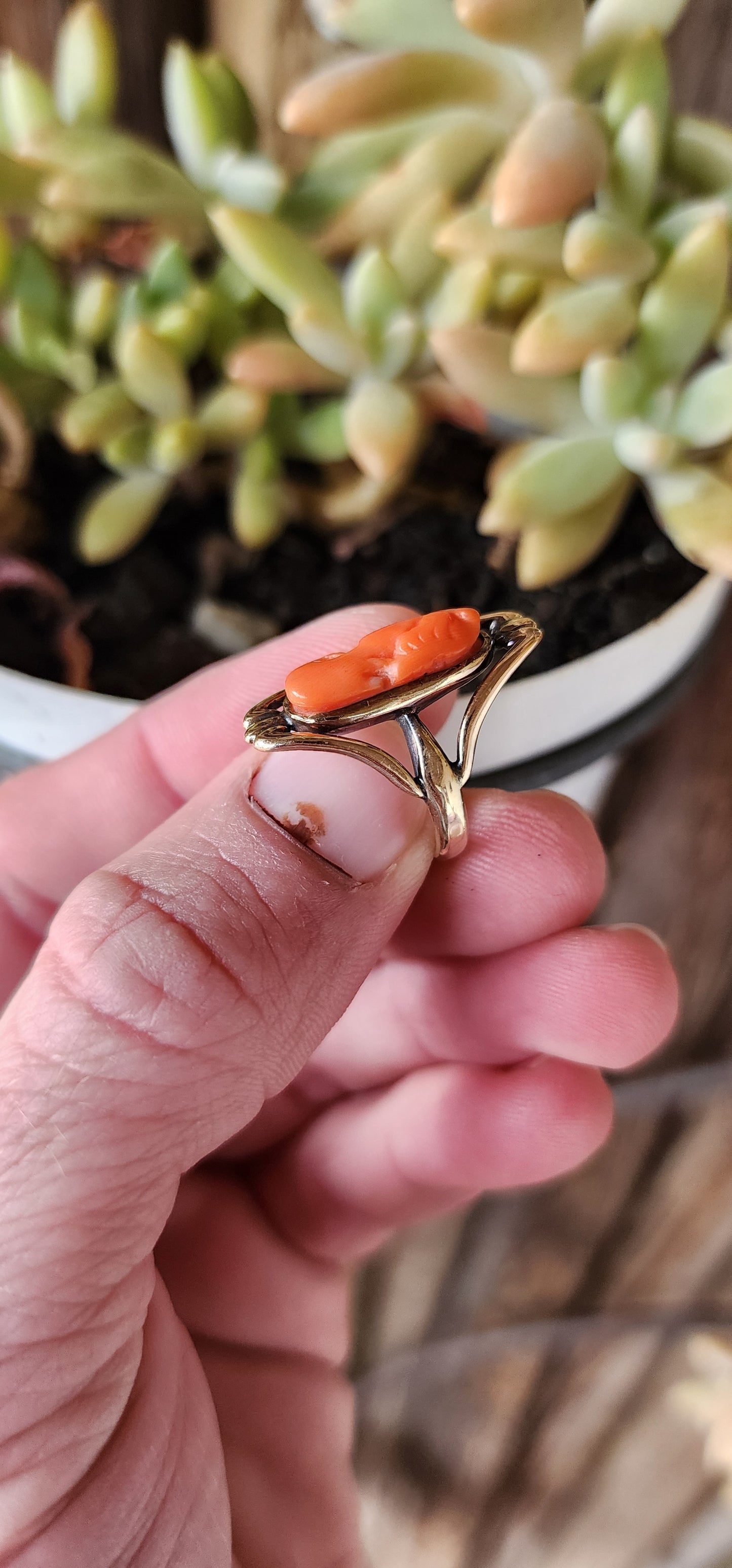 Antique Victorian Art Nouveau 9ct Rose Gold Pinky ring set with an hand carved Natural Red Mediterranean Coral Cameo portrait of an elegant left facing lady.