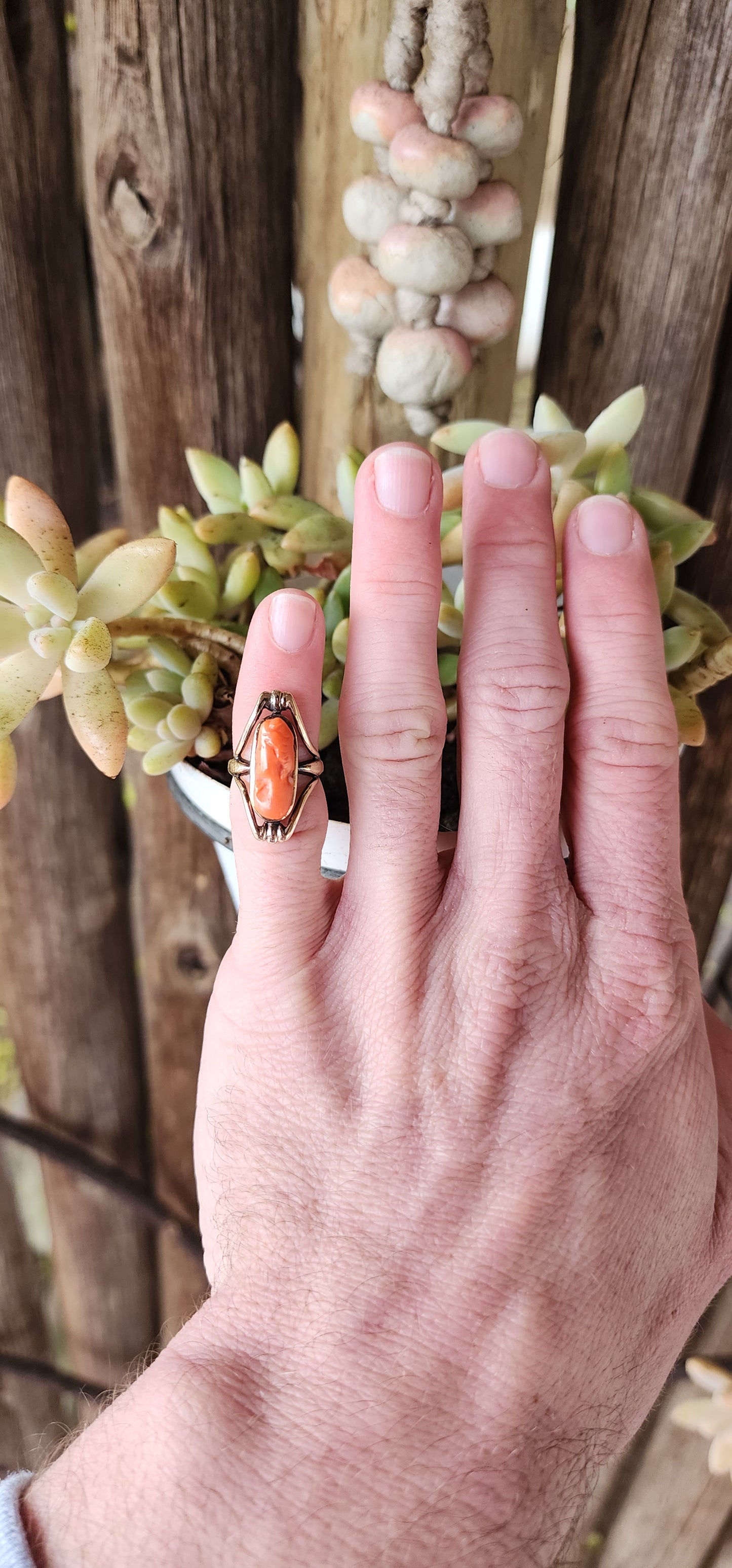 Antique Victorian Art Nouveau 9ct Rose Gold Pinky ring set with an hand carved Natural Red Mediterranean Coral Cameo portrait of an elegant left facing lady.