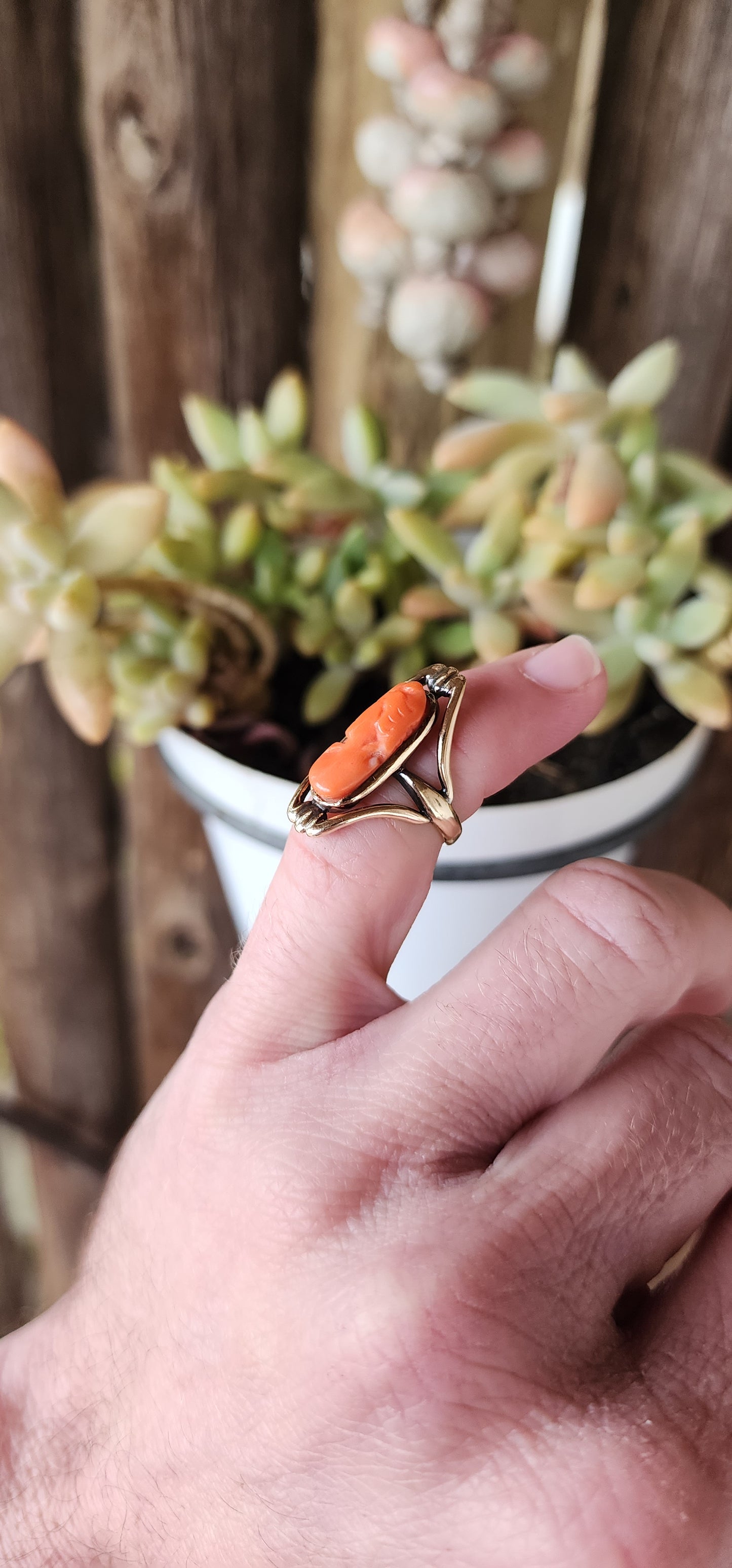 Antique Victorian Art Nouveau 9ct Rose Gold Pinky ring set with an hand carved Natural Red Mediterranean Coral Cameo portrait of an elegant left facing lady.