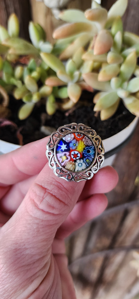 Gorgeous and unusual chunky Sterling Silver and colorful Millefiori Murano Glass Cabochon ring.