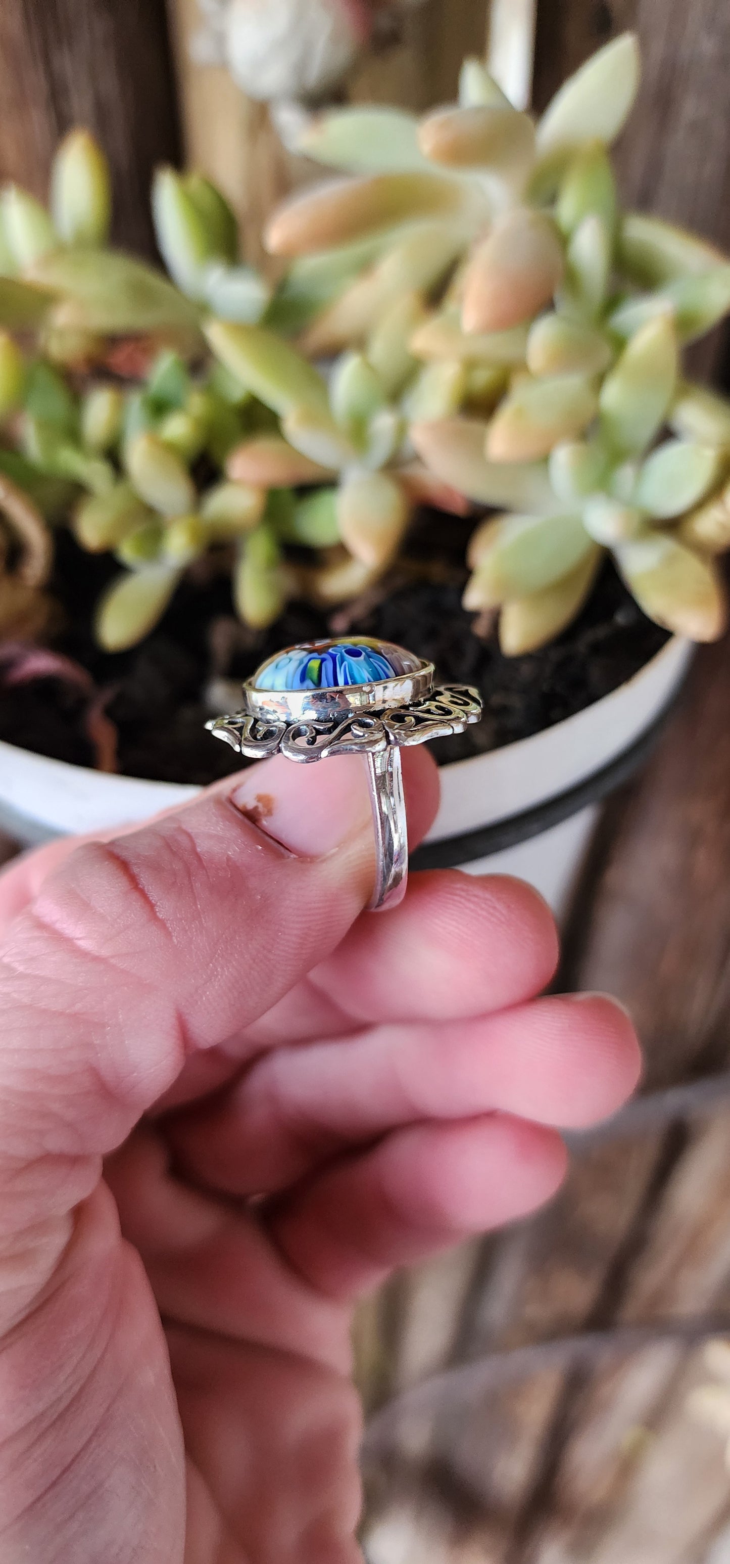 Gorgeous and unusual chunky Sterling Silver and colorful Millefiori Murano Glass Cabochon ring.