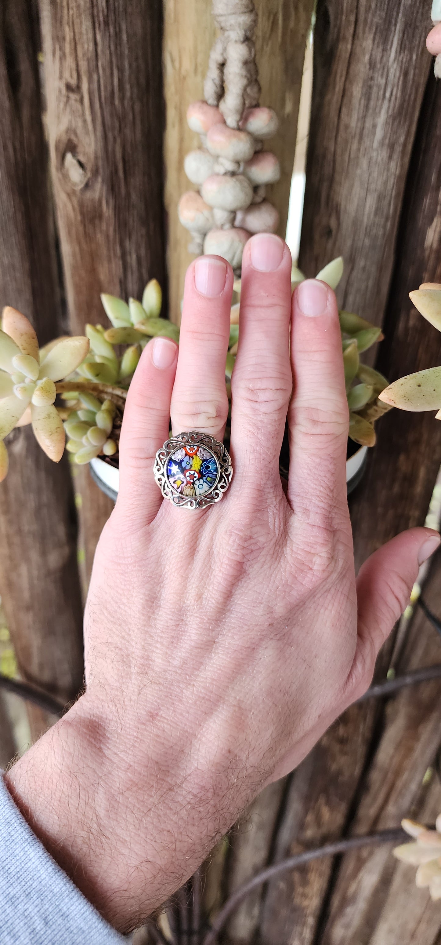 Gorgeous and unusual chunky Sterling Silver and colorful Millefiori Murano Glass Cabochon ring.