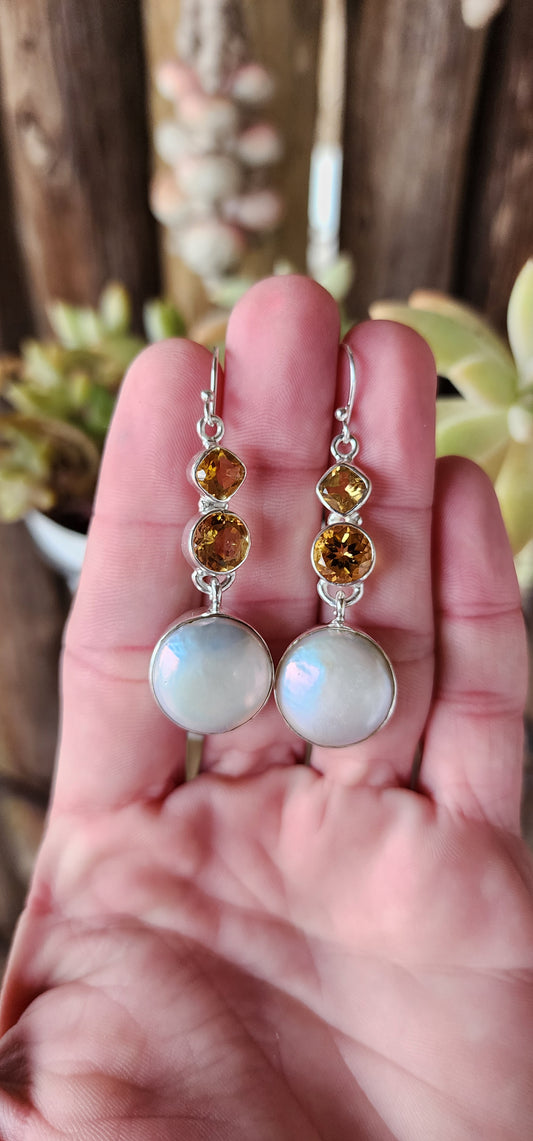 Gorgeous pair of Sterling Silver statement drop earrings. Featuring tube set Round Freshwater Button Pearl drops suspended from tube set Round and Cushion cut Citrine Gemstones.