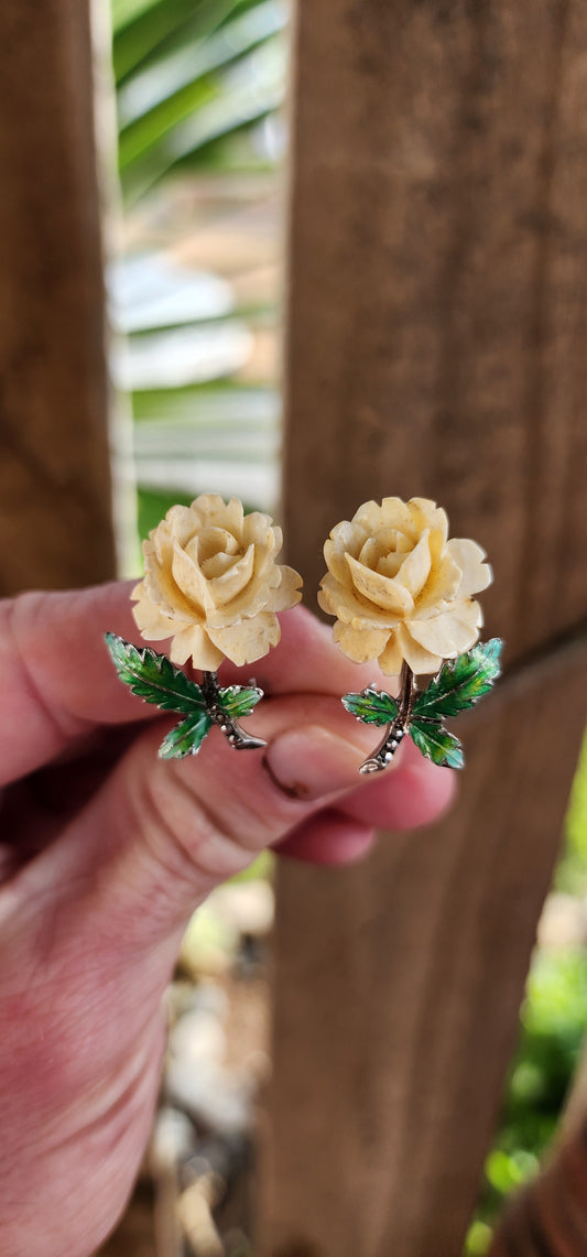 Vintage pair of 1950's Sterling Silver, Enamel, Marcasites and Capodimonte style Ivory Roses clip-on earrings.