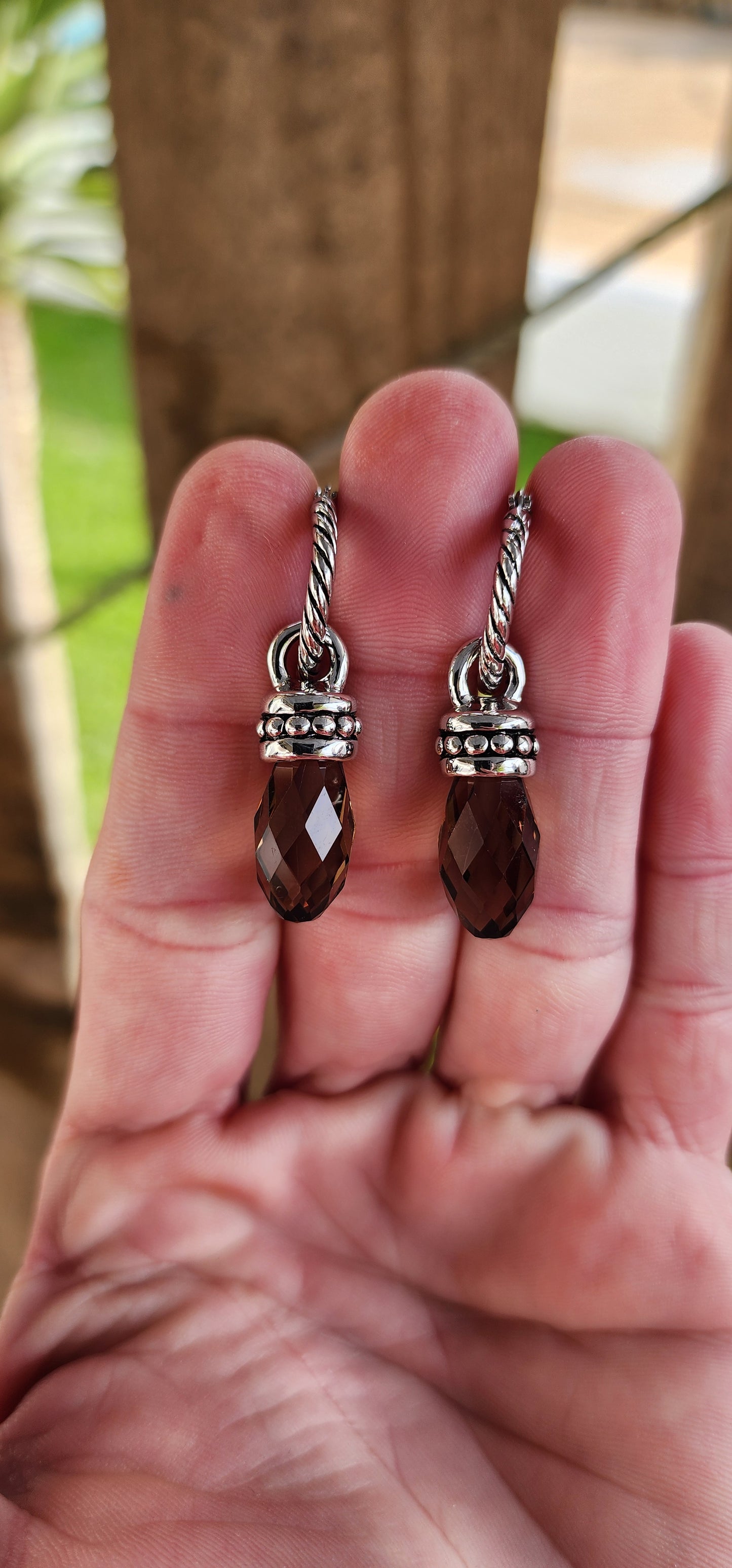 Beautiful and good quality pair of Silver plated Rope hoop earrings with Faceted Brown Crystal drop pendants - The drop pendant are removeable if you want to wear the hoops alone.