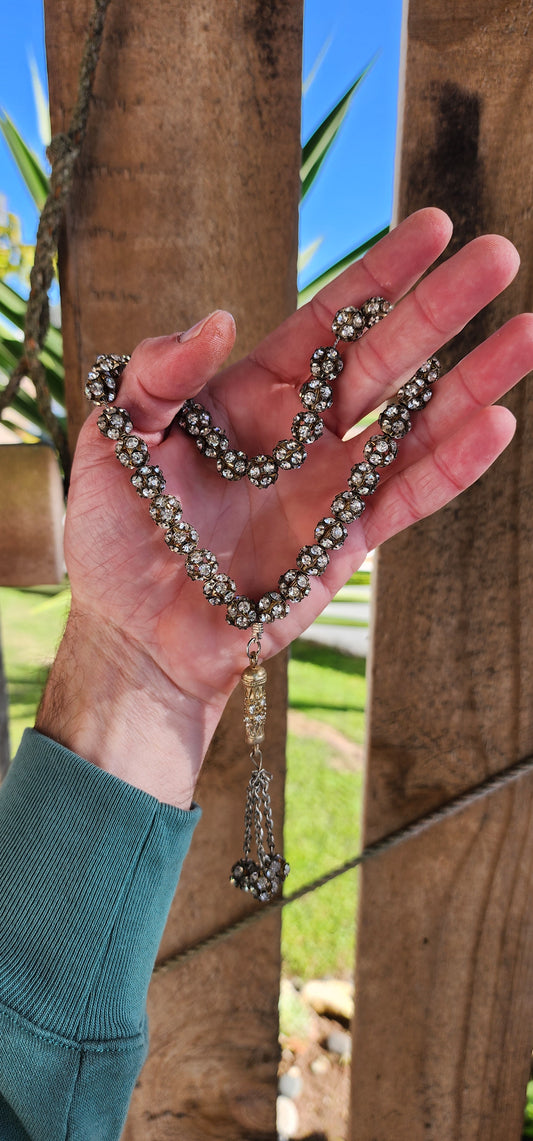 Vintage Silvertone Tasbih Prayer beads with sparkly Rhinestones.