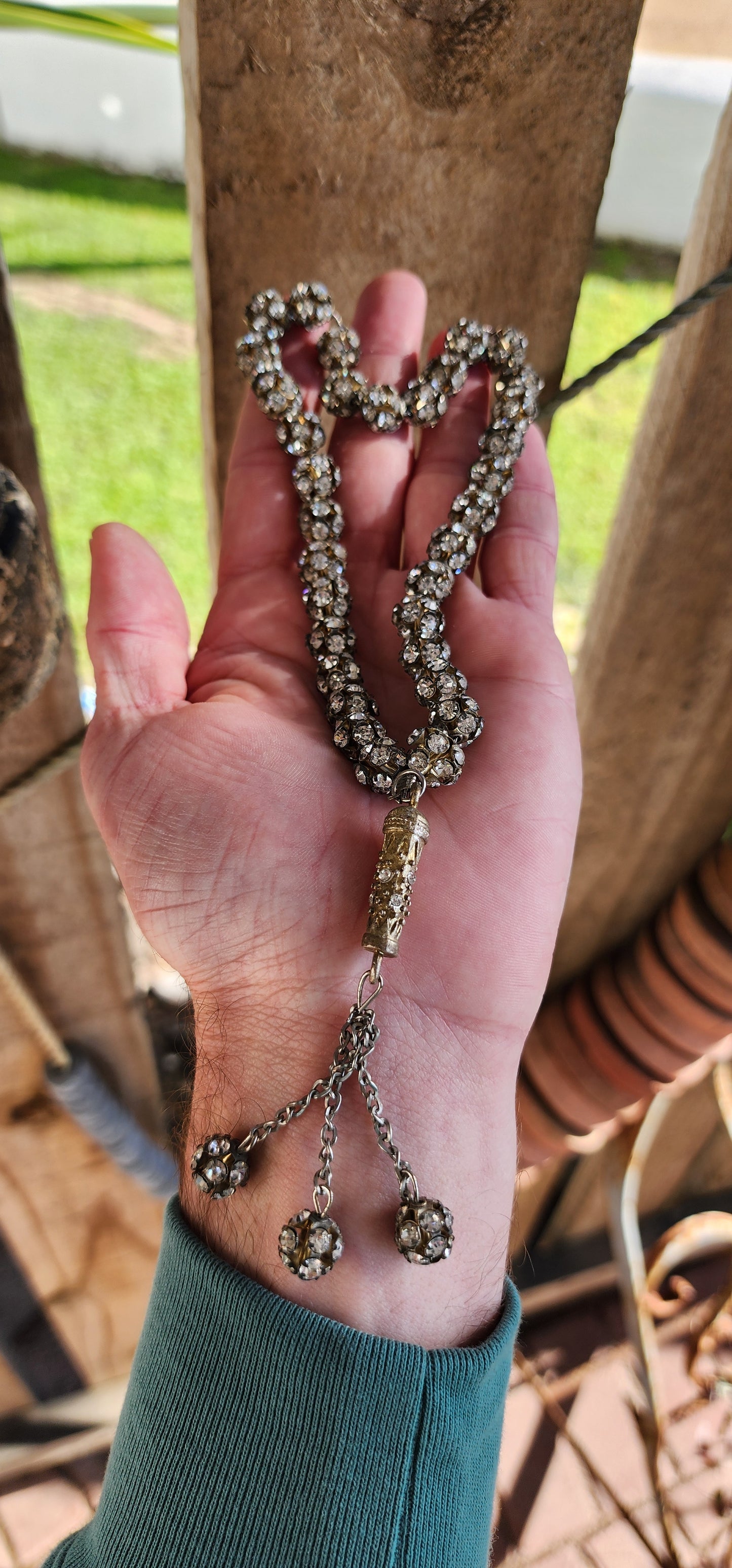 Vintage Silvertone Tasbih Prayer beads with sparkly Rhinestones.