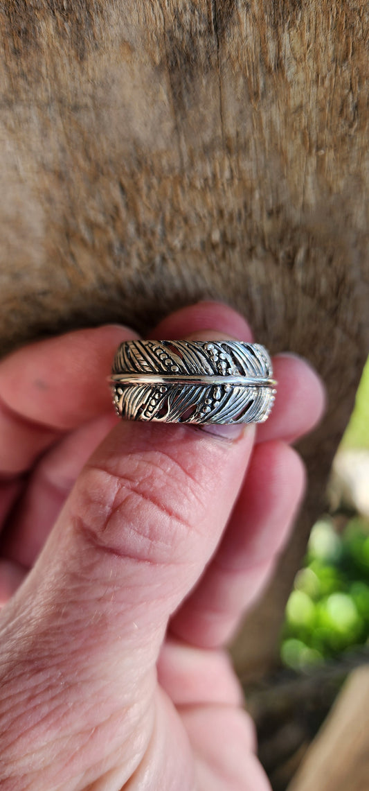 The Falcon" ring - Gorgeous Sterling Silver Unisex Feather motif Full Eterenity style ring - The Feather design going all the way around the band.