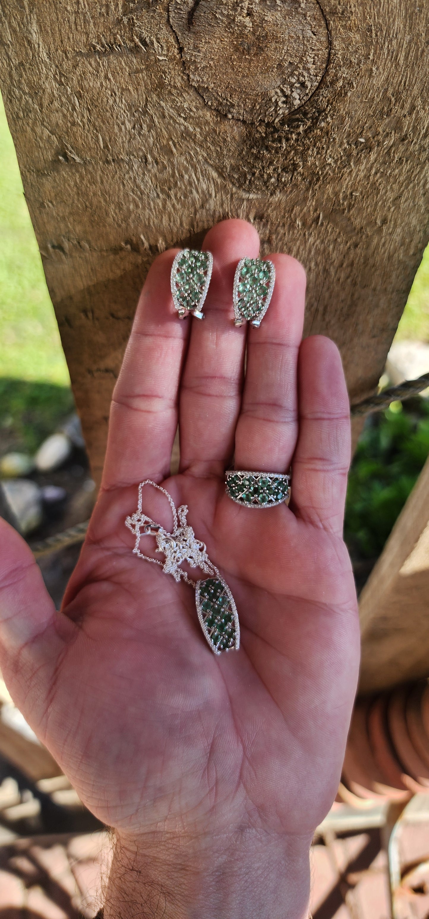 Marvelous Sterling Silver and Natural Green Emeralds and small CZ Gemstones matching set.